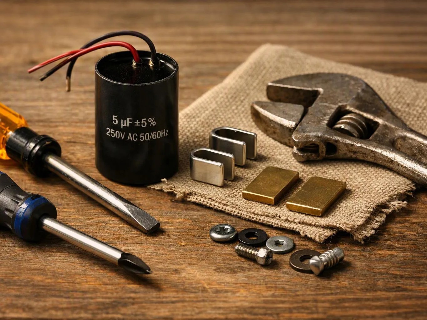 A set of hand tools and hardware rests on a wooden table beside a black capacitor and a wrench
