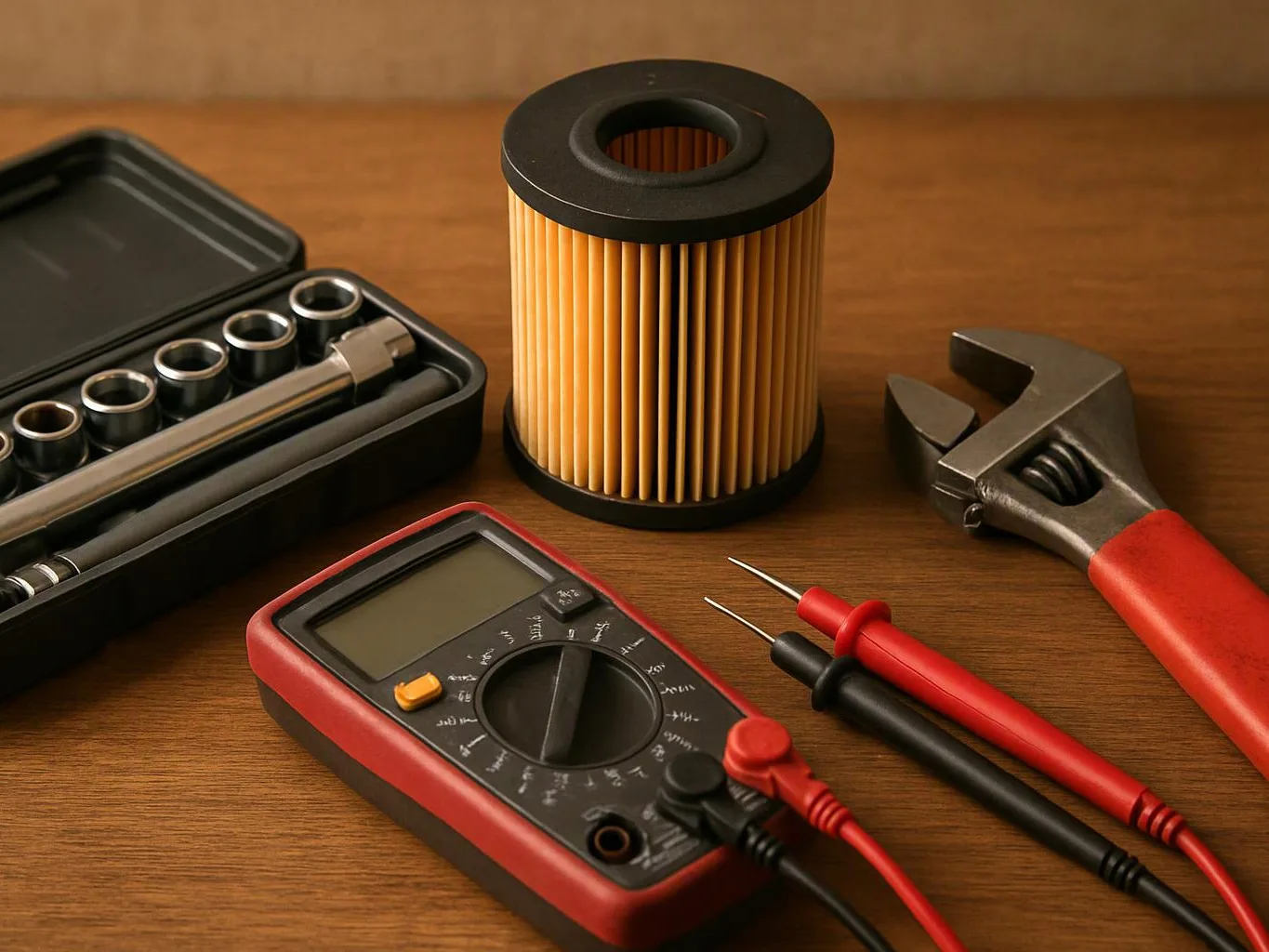 A set of hand tools and testing gear lies on a wooden table, including a multimeter and wrench