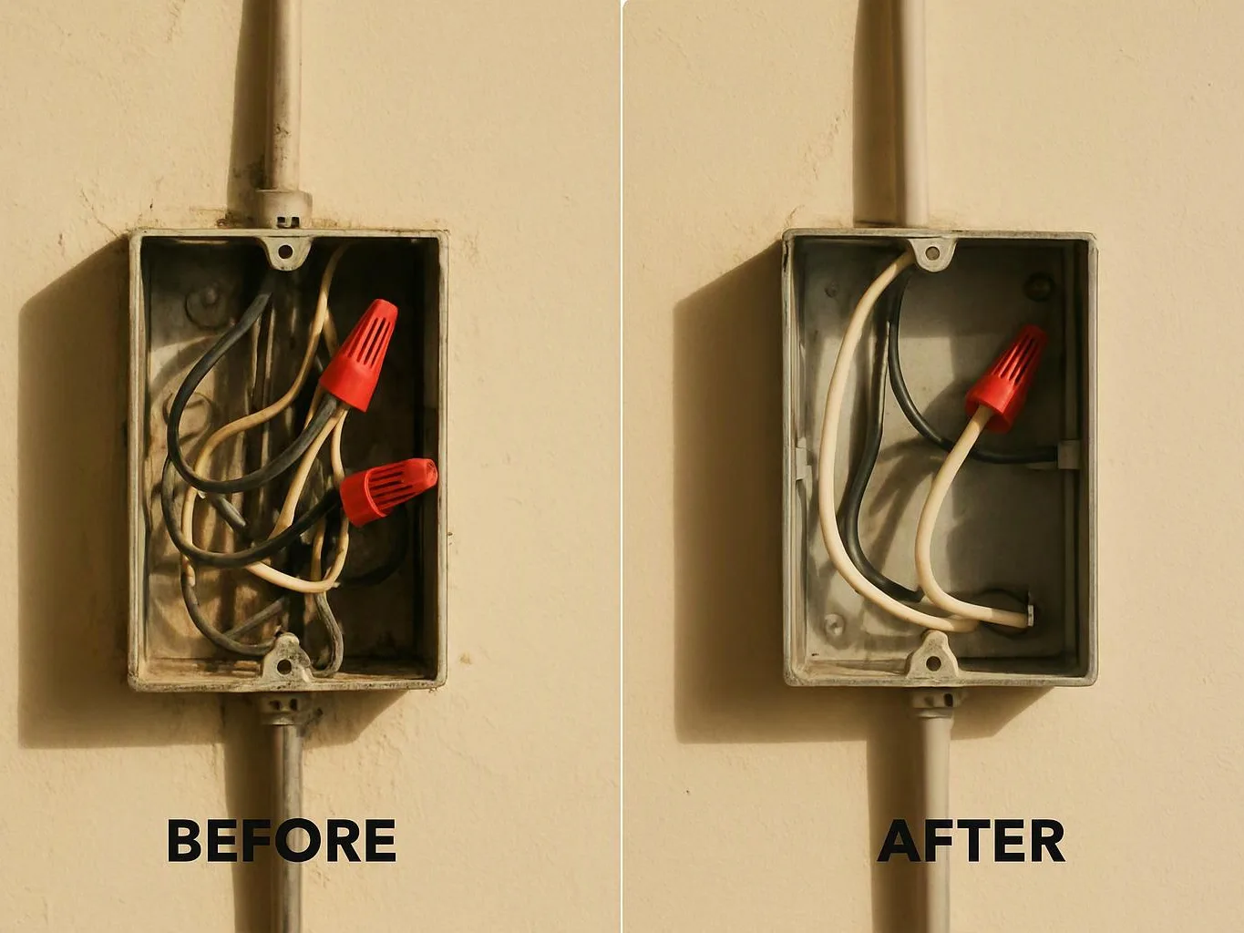 Side-by-side electrical box comparison shows messy wires before and neater wiring after on a beige wall