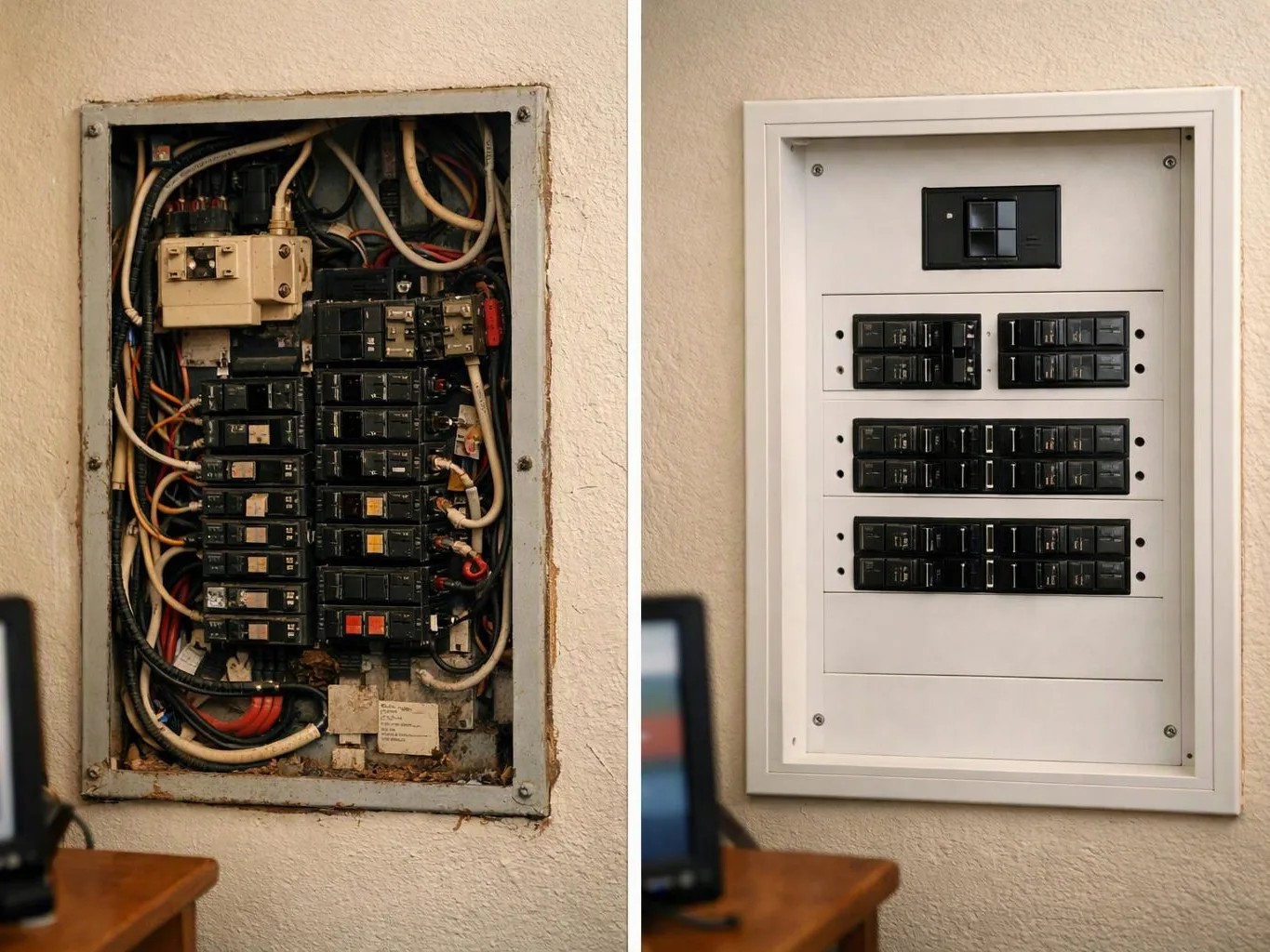 Side-by-side electrical panels show a messy exposed breaker box next to a neat white panel cover on a wall