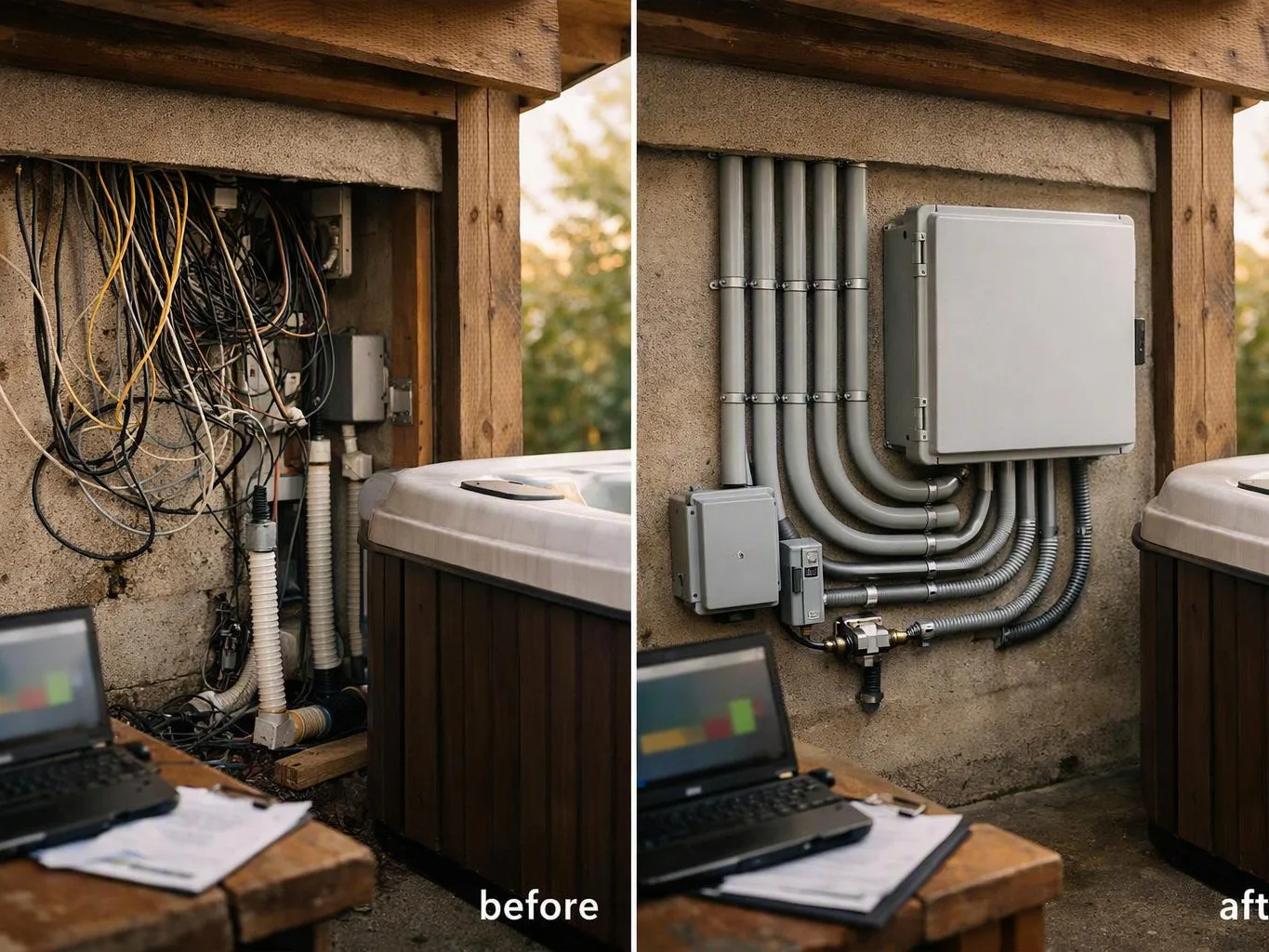 Side by side, a messy electrical wall is shown before and after, with tangled wires replaced by neat conduit and boxes