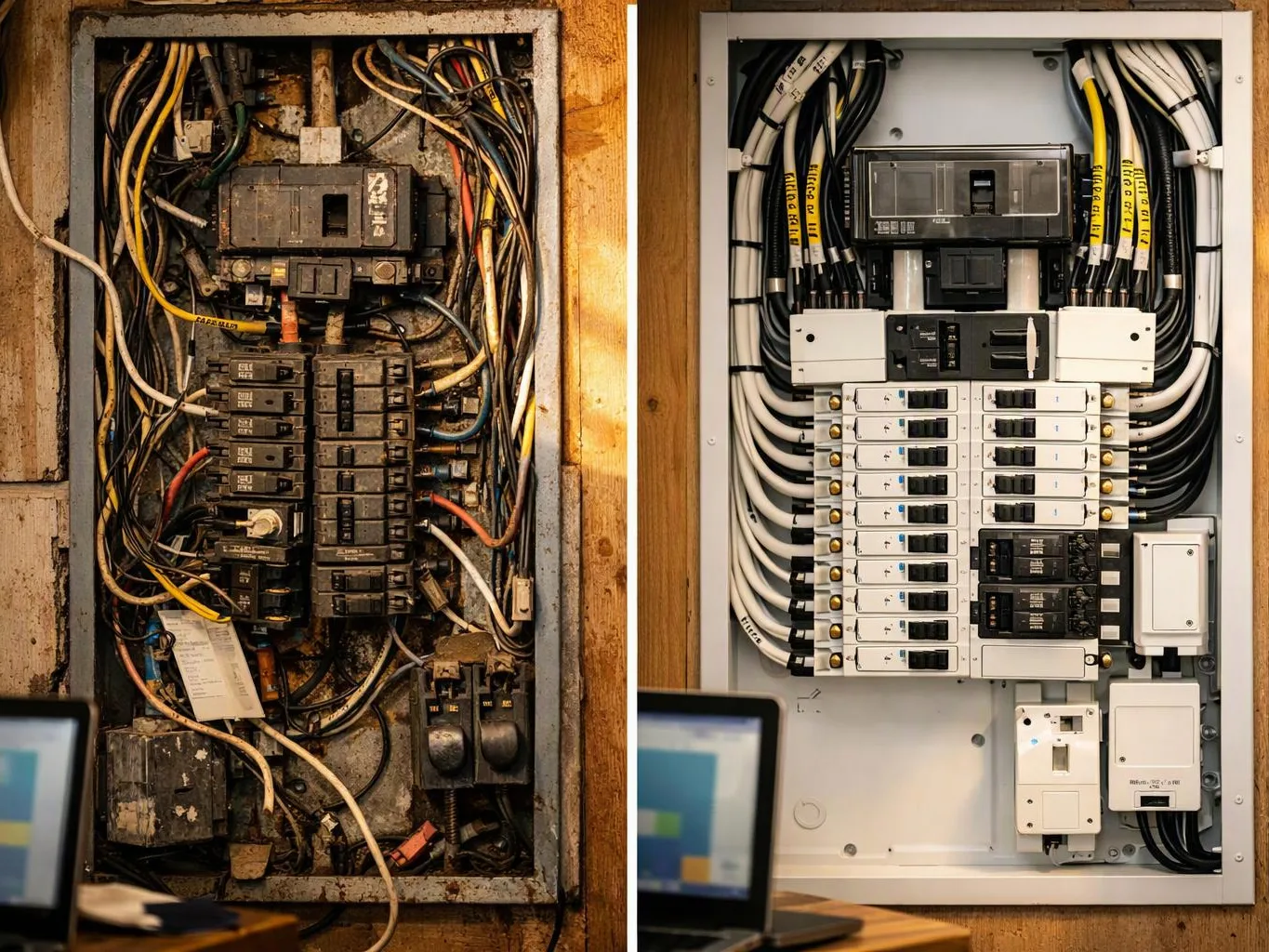 A side by side view shows a messy old electrical panel and a neat modern circuit breaker panel