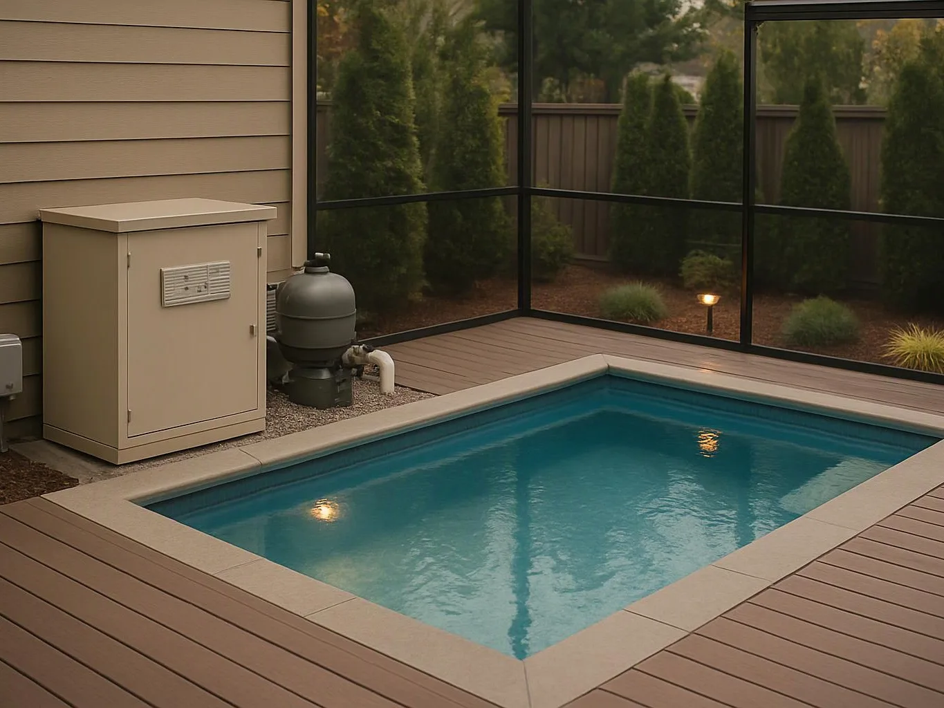 A small rectangular pool sits beside tan deck boards, equipment box, and screened backyard fencing