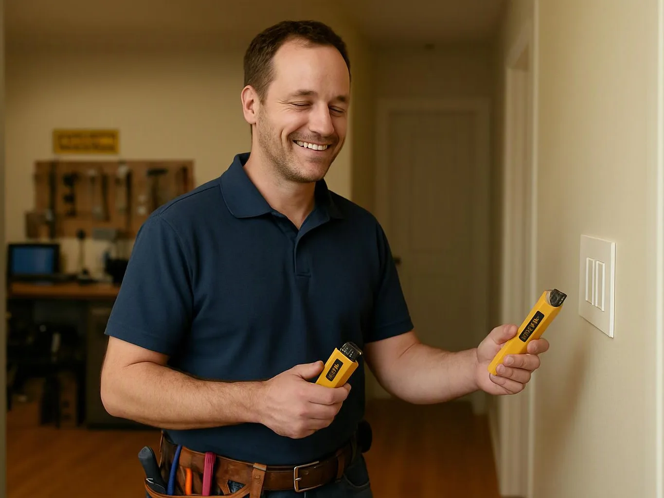 A smiling man in a navy polo holds two yellow tools beside a wall light switch in a hallway