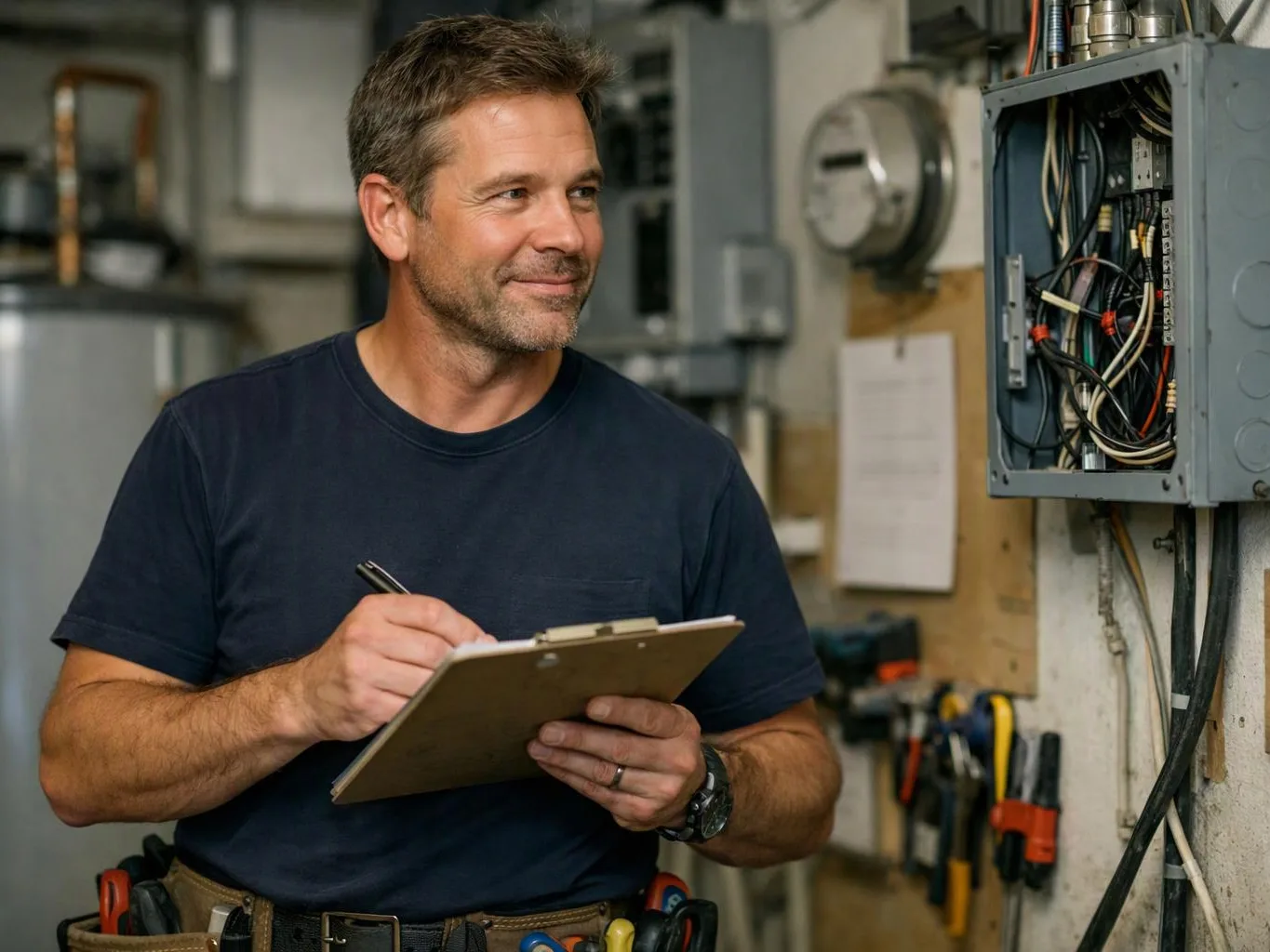 A smiling man writes on a clipboard beside an open electrical panel in a workshop