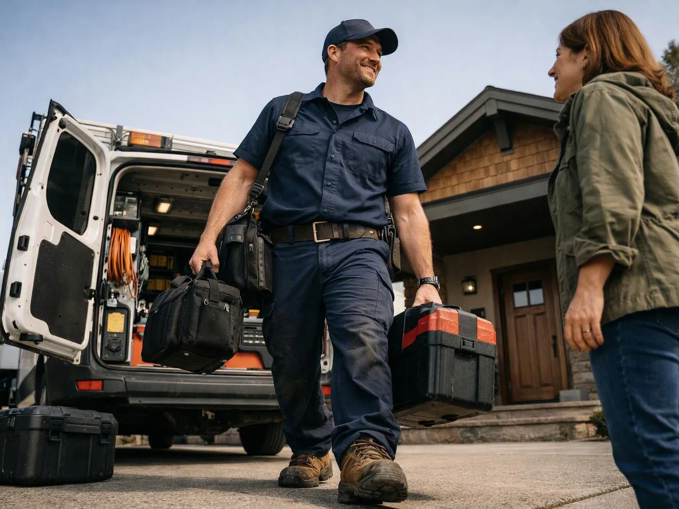 A smiling service worker carries tool cases from a van while talking with a woman outside a house
