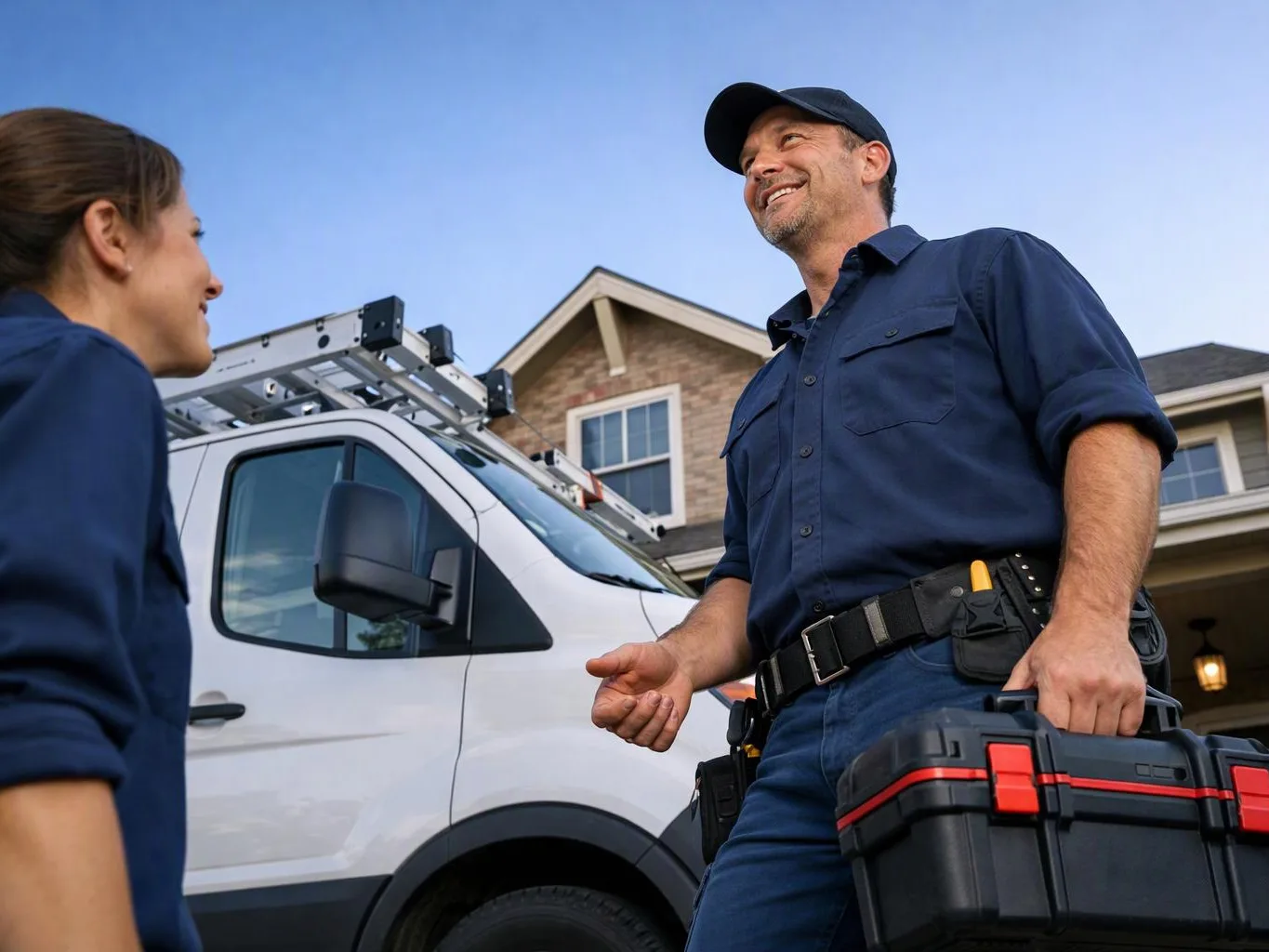 A smiling technician talks with a woman beside a white work van in a driveway