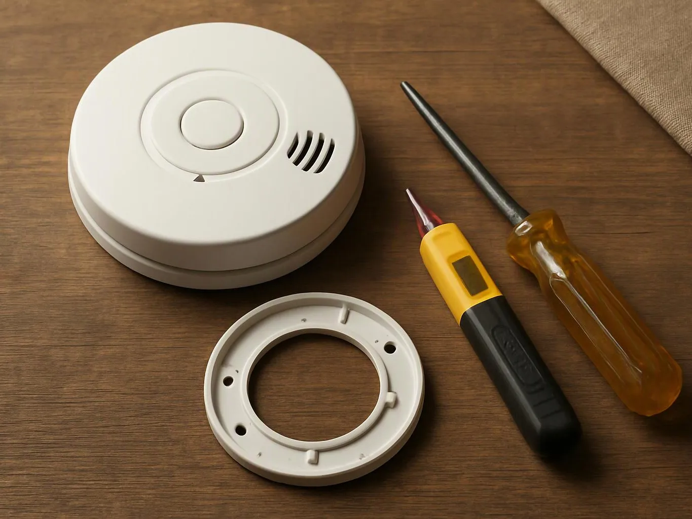 A smoke detector, mounting ring, and two screwdrivers sit on a wooden surface