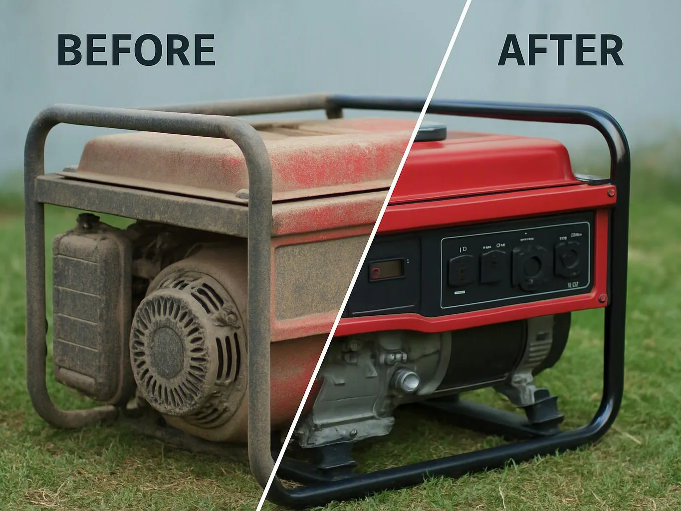 A split before-and-after image shows a dusty generator transformed into a clean red one on grass