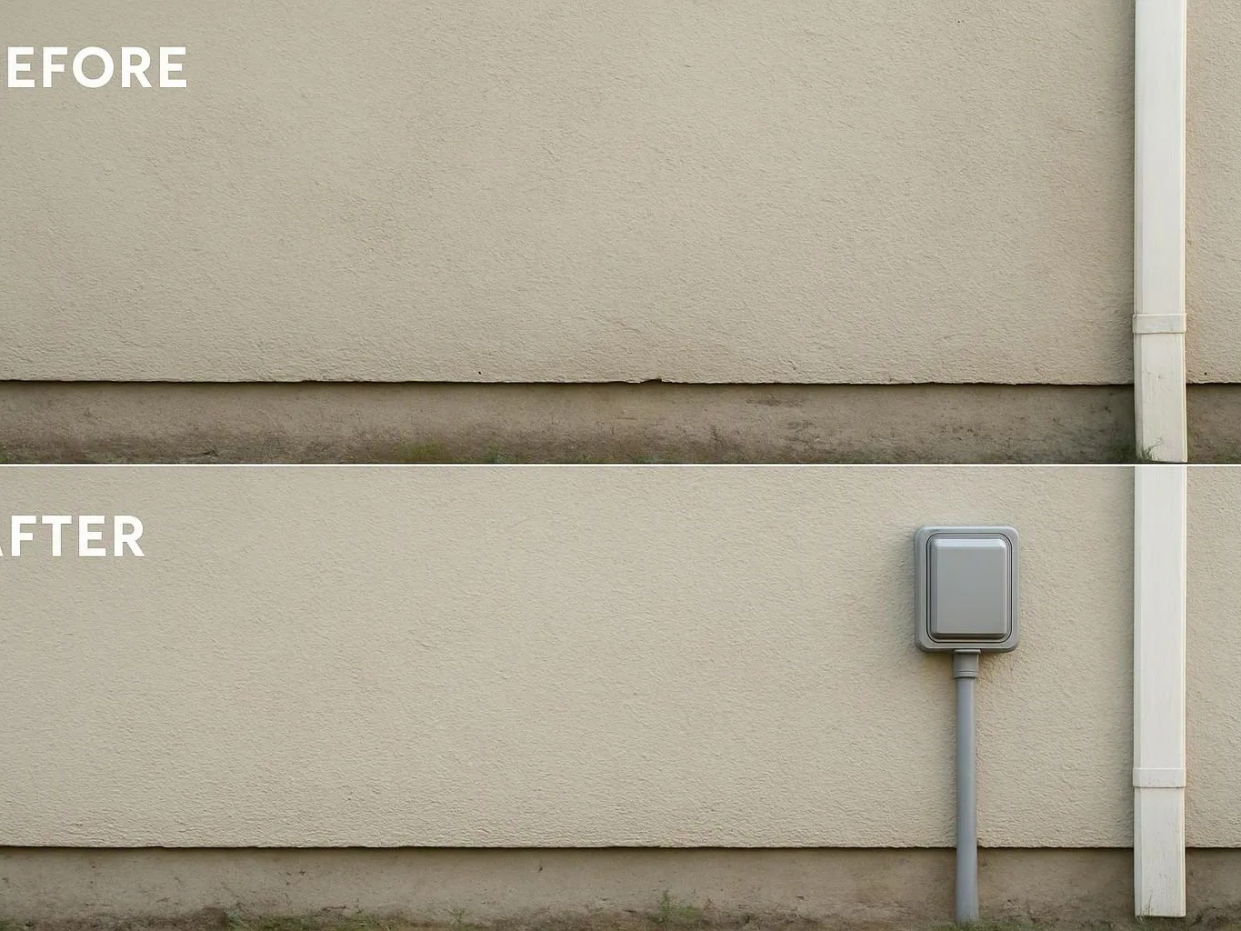 Split before-and-after view of a beige exterior wall, showing a new gray electrical box and conduit in the lower half