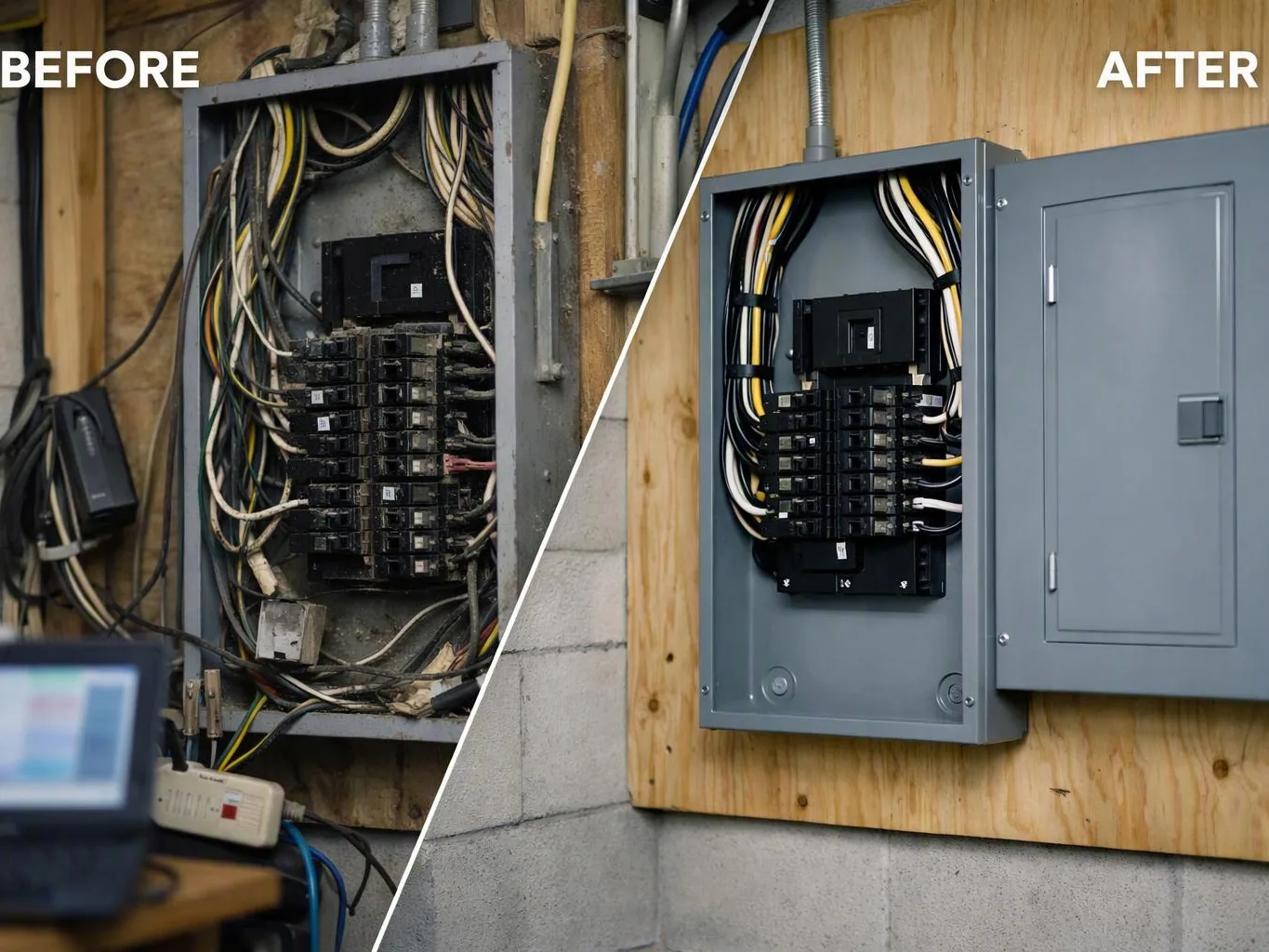A split before-and-after view shows a messy electrical panel on the left and a neatly wired gray panel on the right