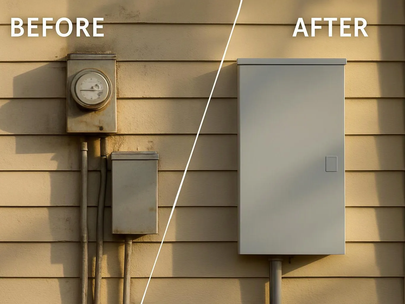 Split before-and-after view shows old wall-mounted utility boxes replaced by a clean gray electrical panel on siding