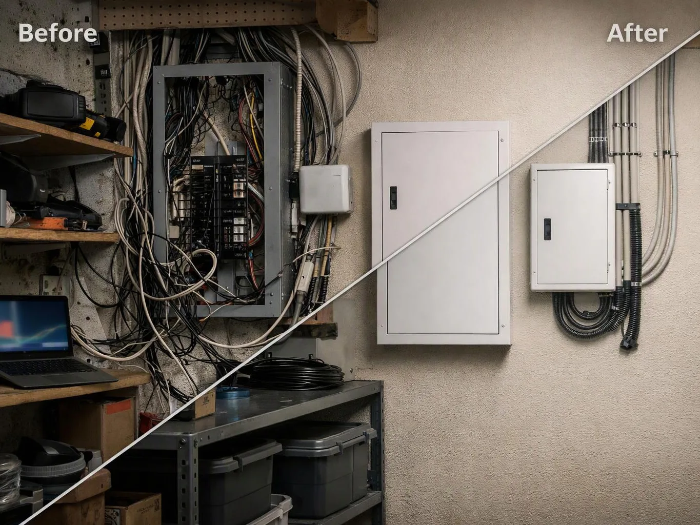 A split before-and-after view shows tangled electrical wiring on the left and neatly mounted panels on the right