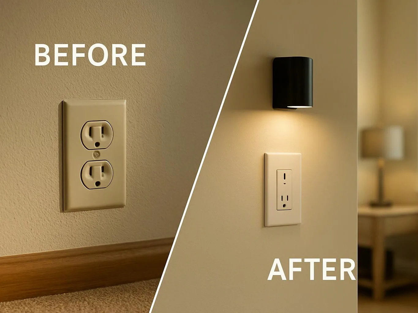 A split before-and-after view shows a wall outlet replaced by a modern switch under a lit wall sconce