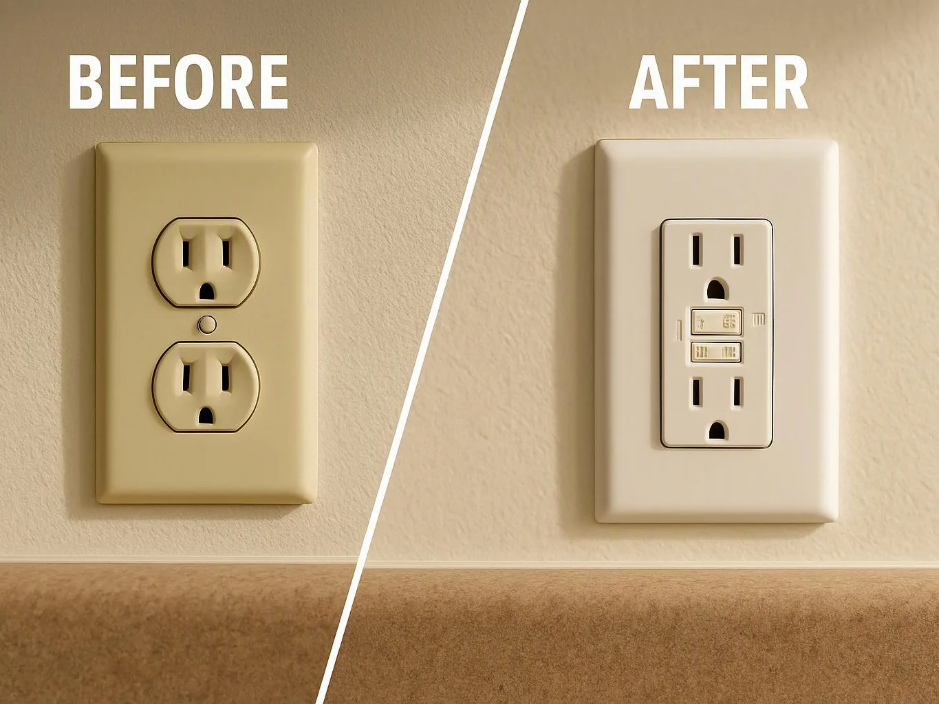 Split before and after view of a wall outlet