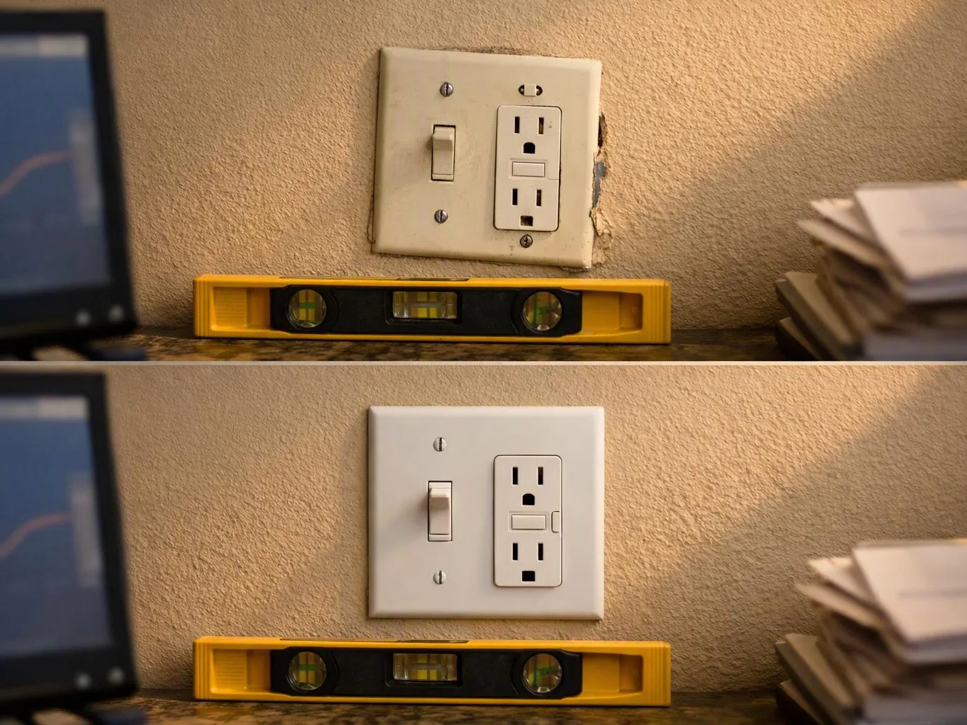 A split image shows a wall outlet before and after leveling with a yellow spirit level on a countertop