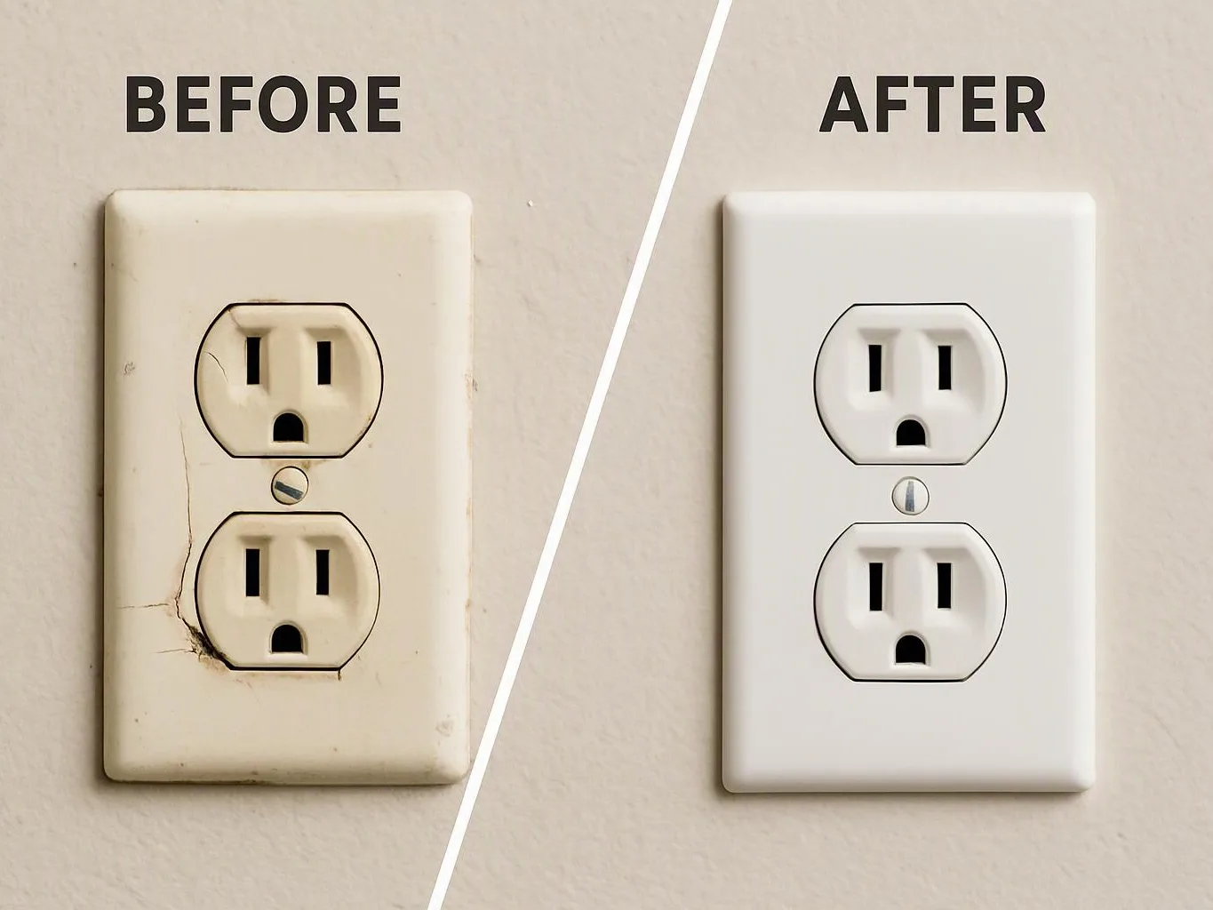 Split image shows a worn beige wall outlet before and a clean white outlet after