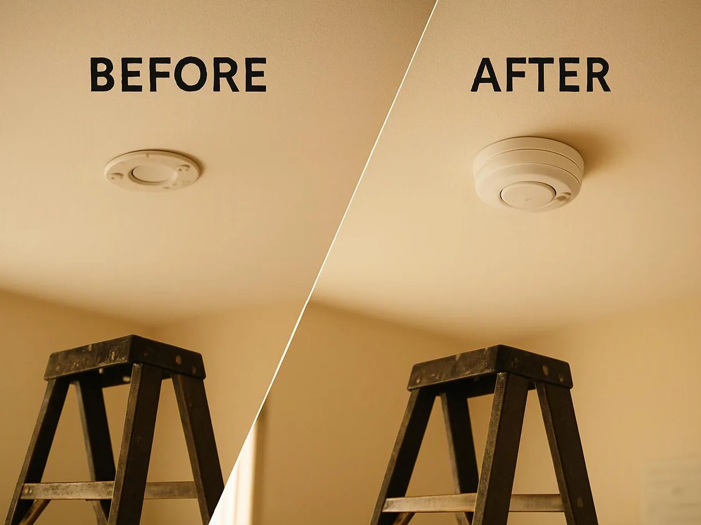 Split-screen ceiling comparison shows a smoke alarm before and after replacement above a ladder