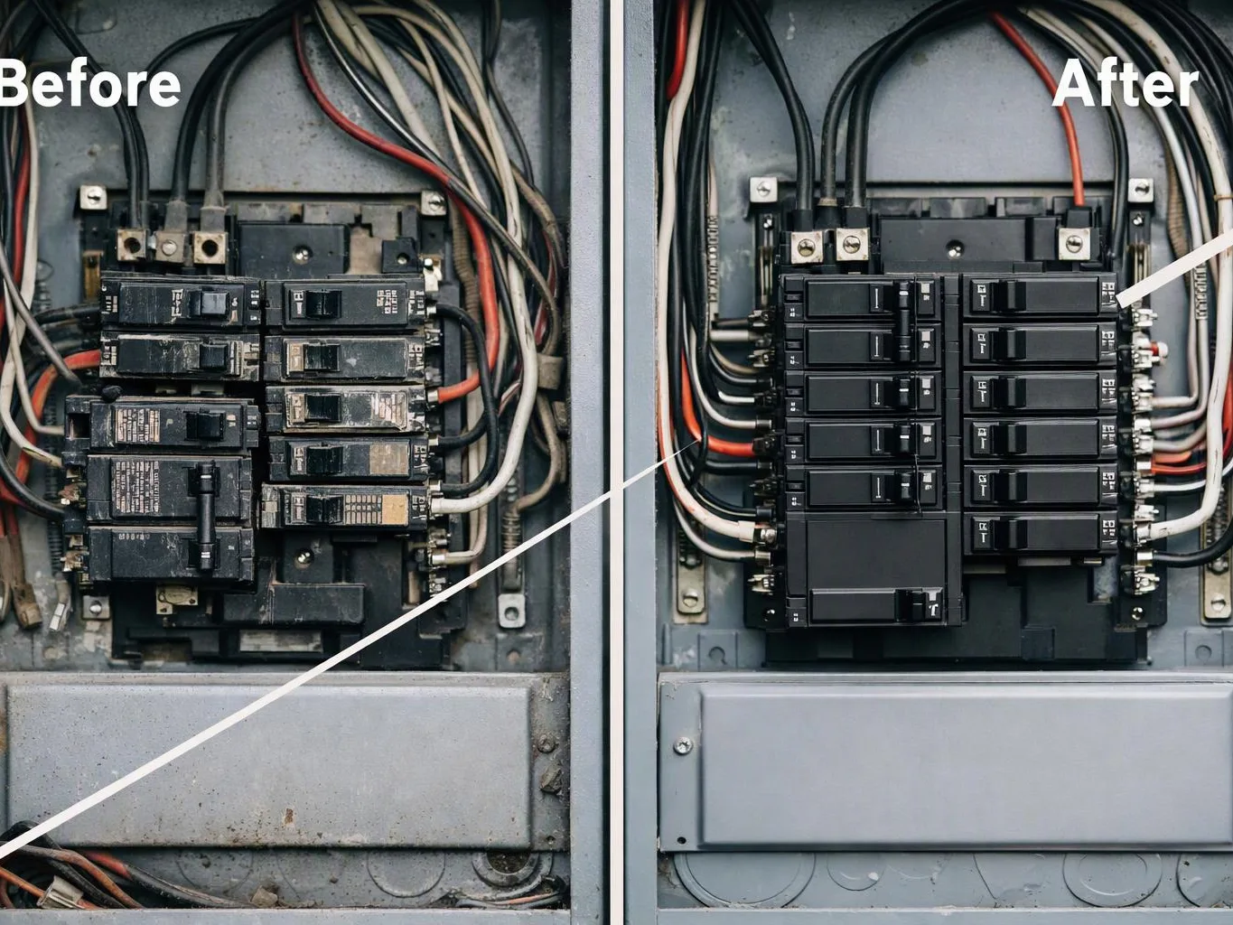 Split view of an electrical breaker panel