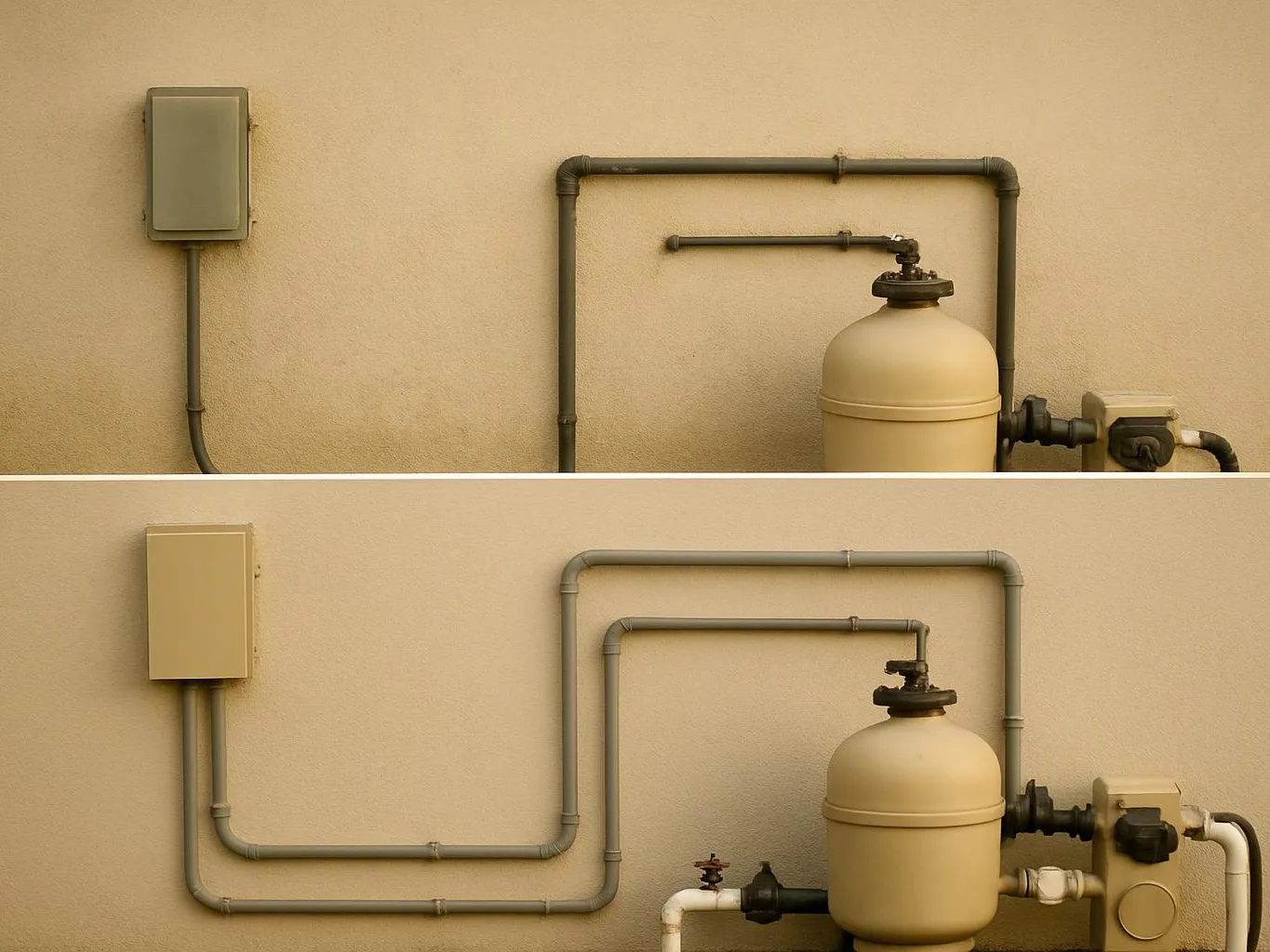 A split view shows beige utility pipes and a tank mounted on a plain wall