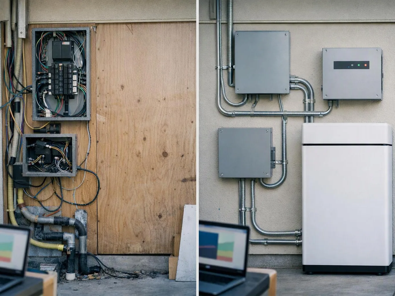 A split view shows messy exposed wiring beside a plywood wall and neat gray electrical boxes with metal conduit around a white cabinet