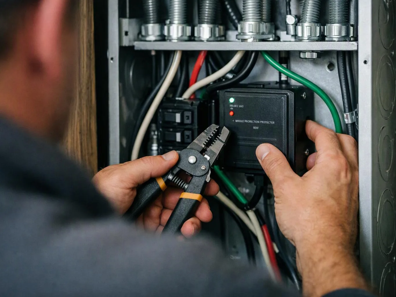 A technician adjusts wiring inside an open electrical panel