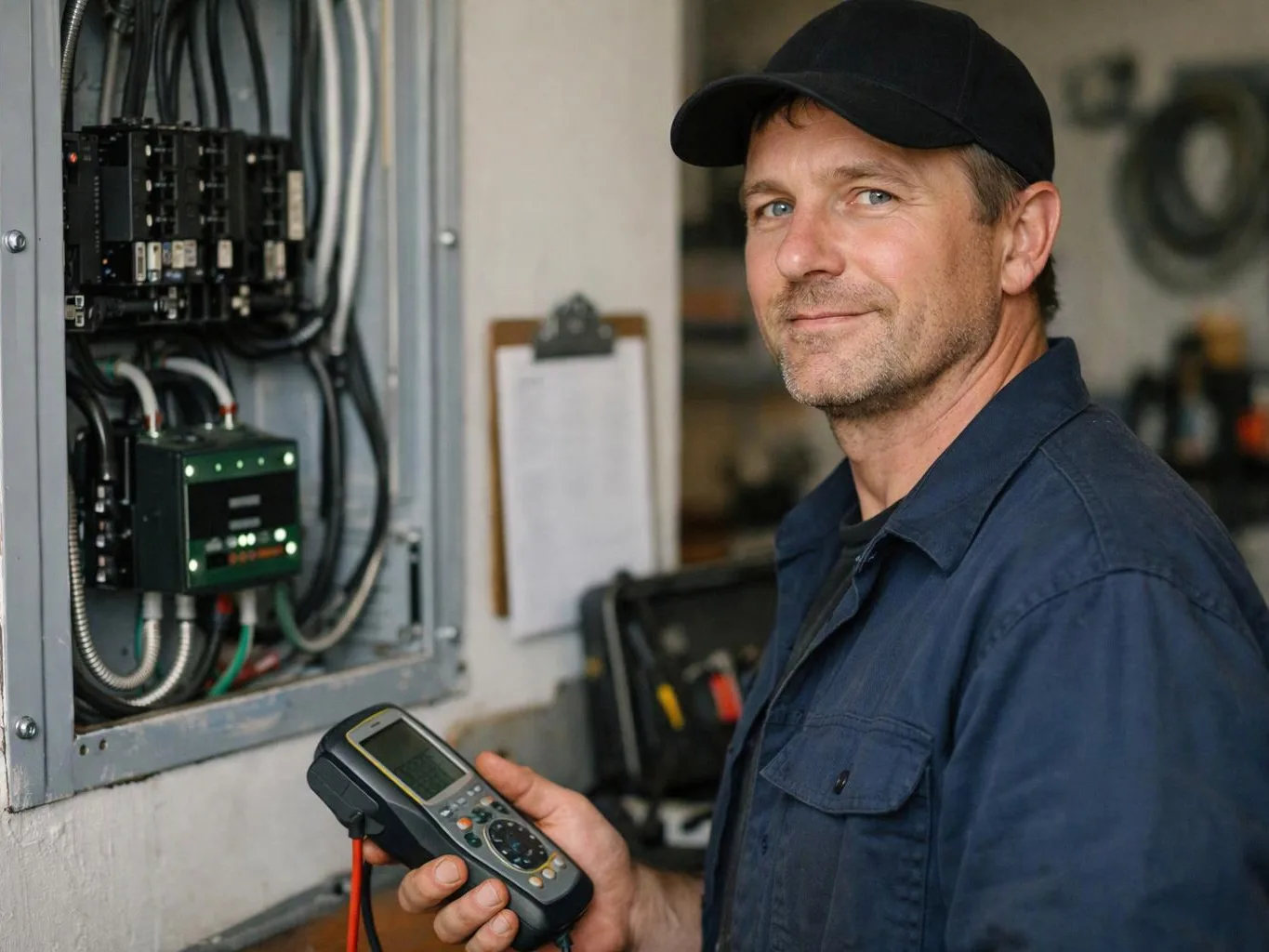 A technician in a black cap inspects an electrical panel while holding a handheld tester