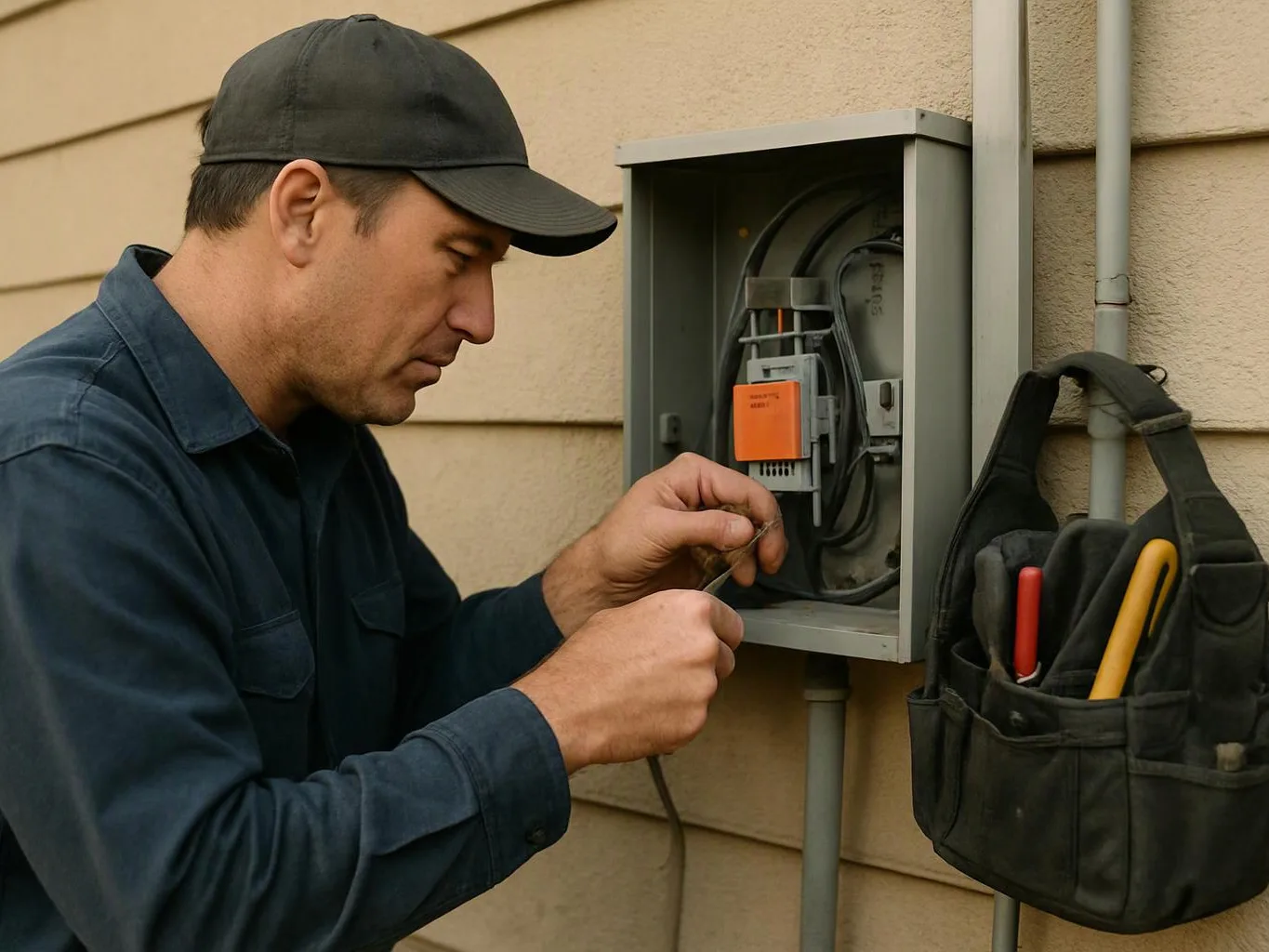 A technician in a cap checks wiring inside an open electrical box on an exterior wall