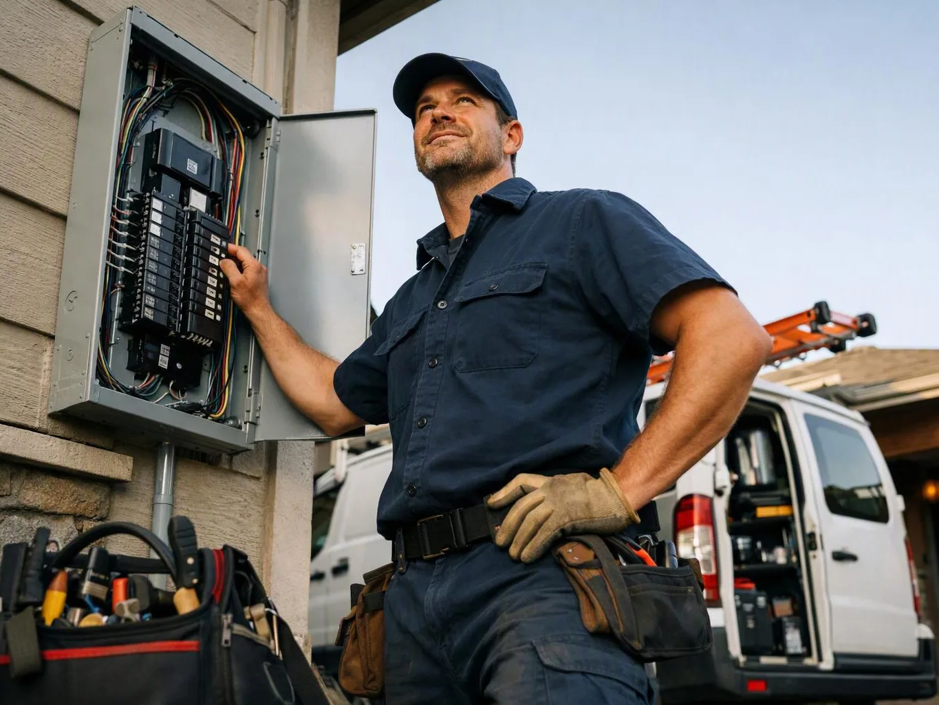 A technician in a navy uniform inspects an open electrical panel beside a house, with a work van behind him