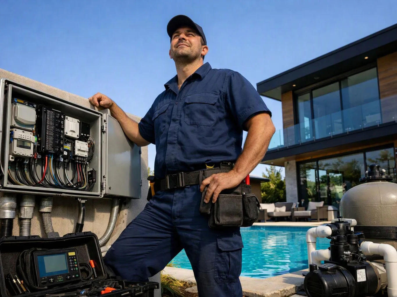 A technician in a navy uniform stands beside an open electrical panel next to a backyard pool and house