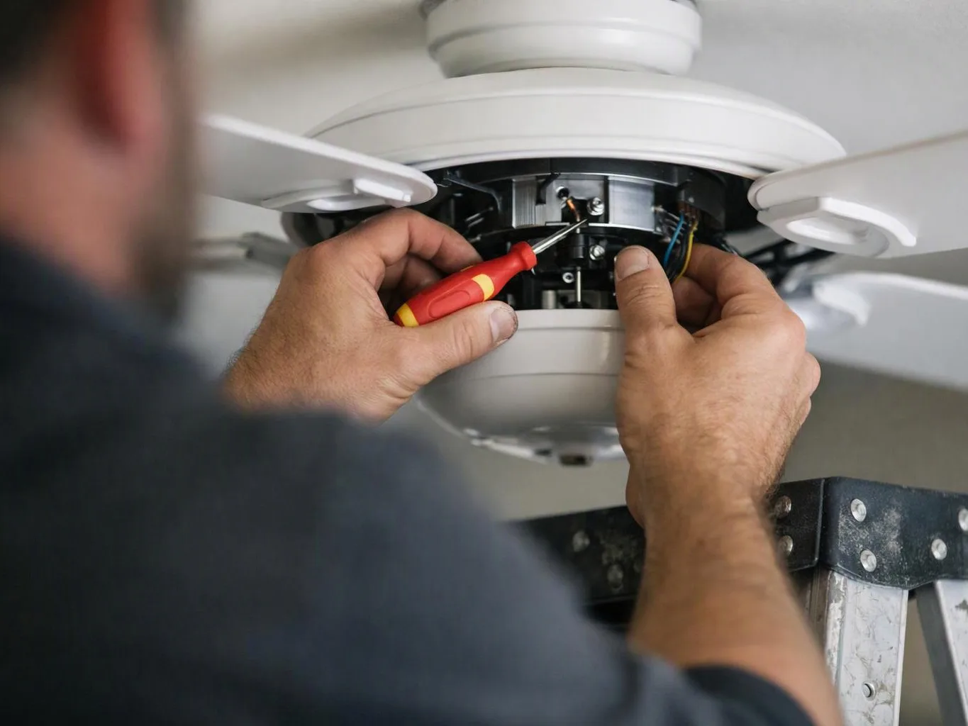 A technician repairs a ceiling fan with a red screwdriver, working on exposed wiring indoors