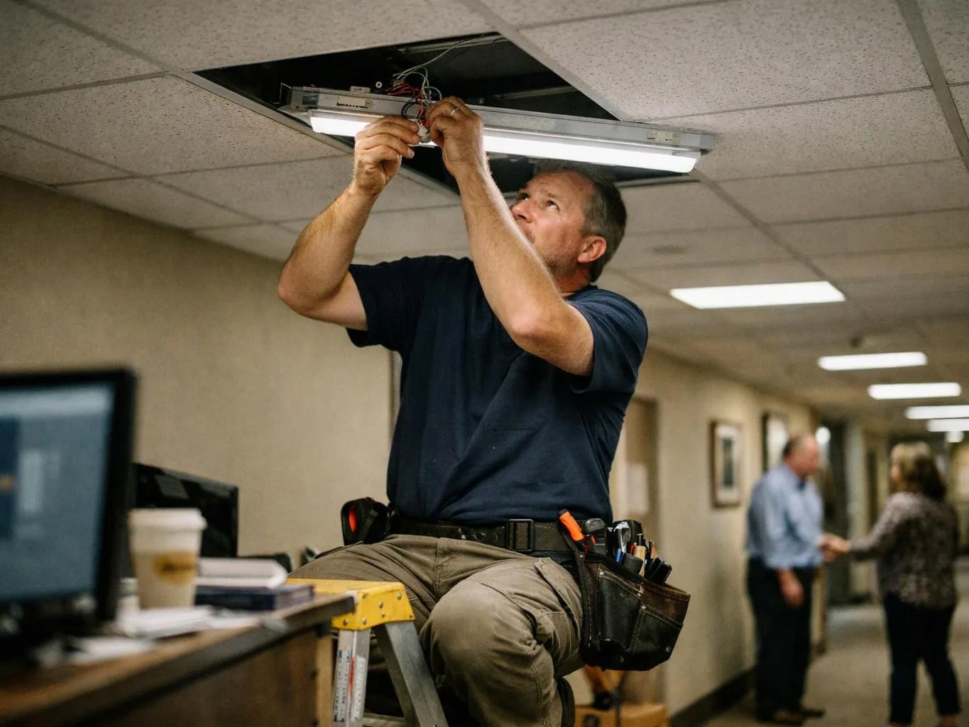 A technician sits on a ladder, wiring a ceiling light in a hallway with blurred people behind him