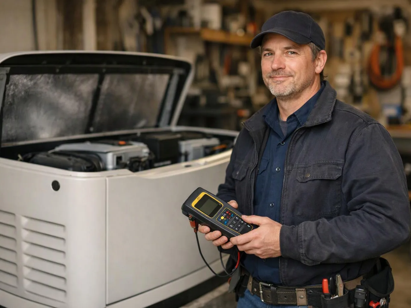 A technician stands beside an open machine and holds a handheld meter in a workshop