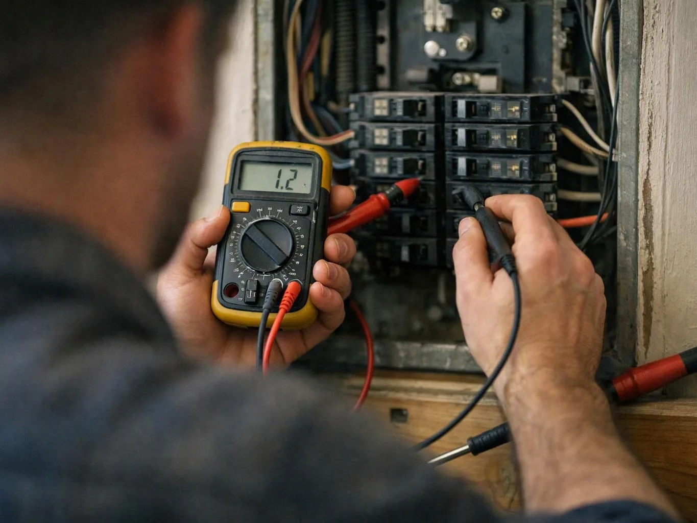 A technician tests electrical breakers with a digital multimeter inside an open panel box