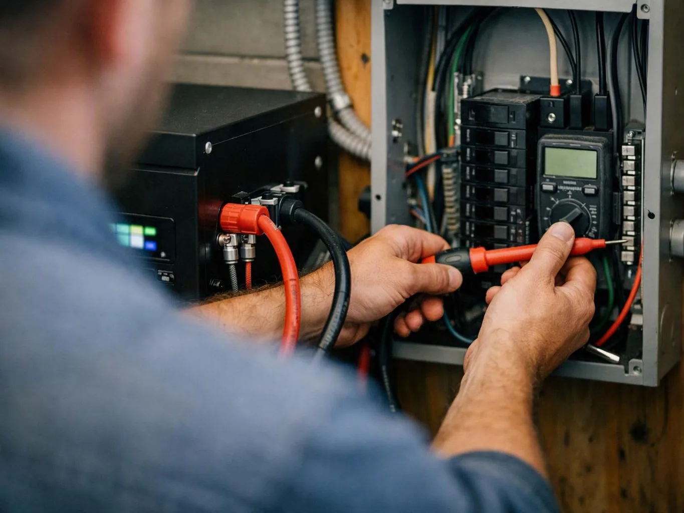 A technician tests an electrical panel with a red probe while wires and breakers fill the open cabinet