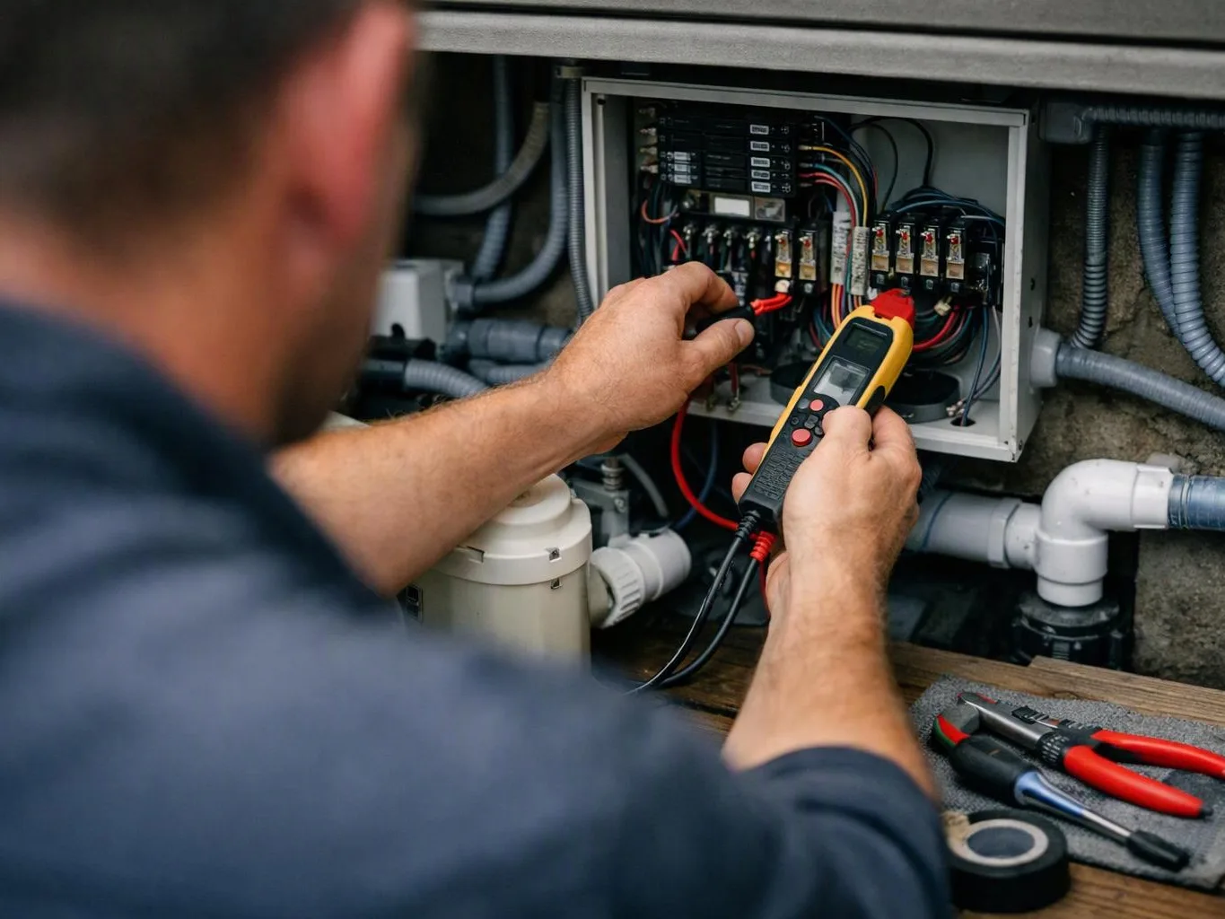 A technician tests wiring inside an open electrical panel with a handheld meter in a utility space
