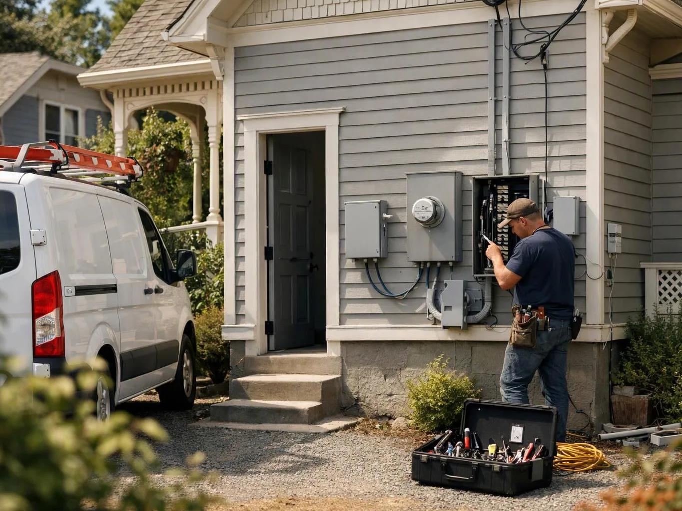 A technician works on an open electrical panel beside a house, with a van and tool case nearby