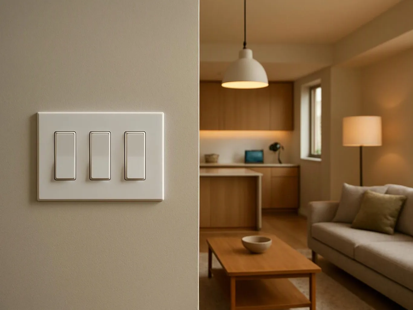 A three-button light switch sits on a wall beside a softly lit living room with sofa, table, and pendant lamp