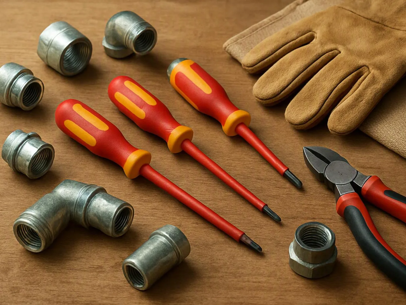 Three screwdrivers, pliers, gloves, and metal pipe fittings lie on a wooden work surface