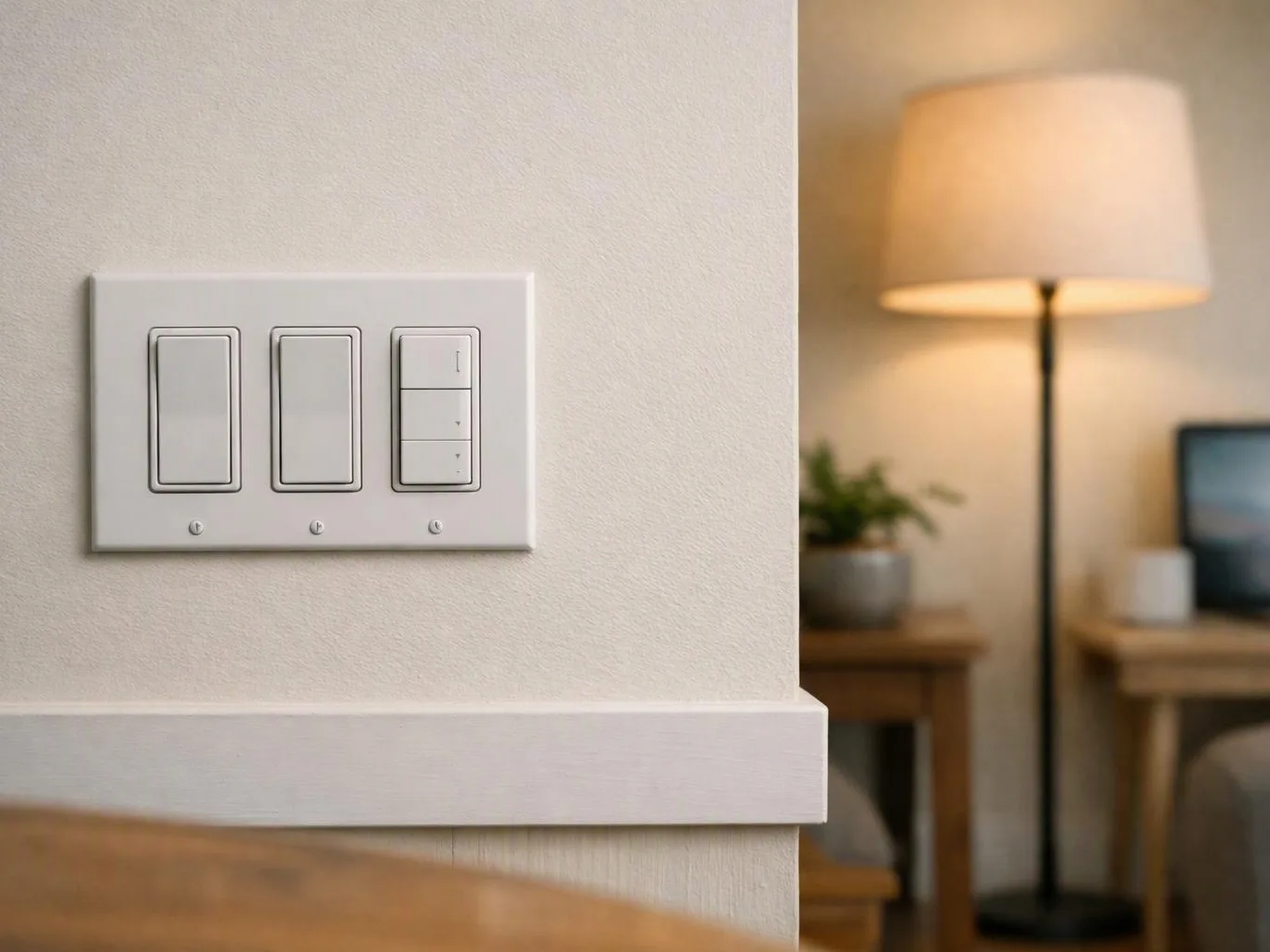 Three wall switches sit on a beige wall, with a lit floor lamp and a blurred room in the background