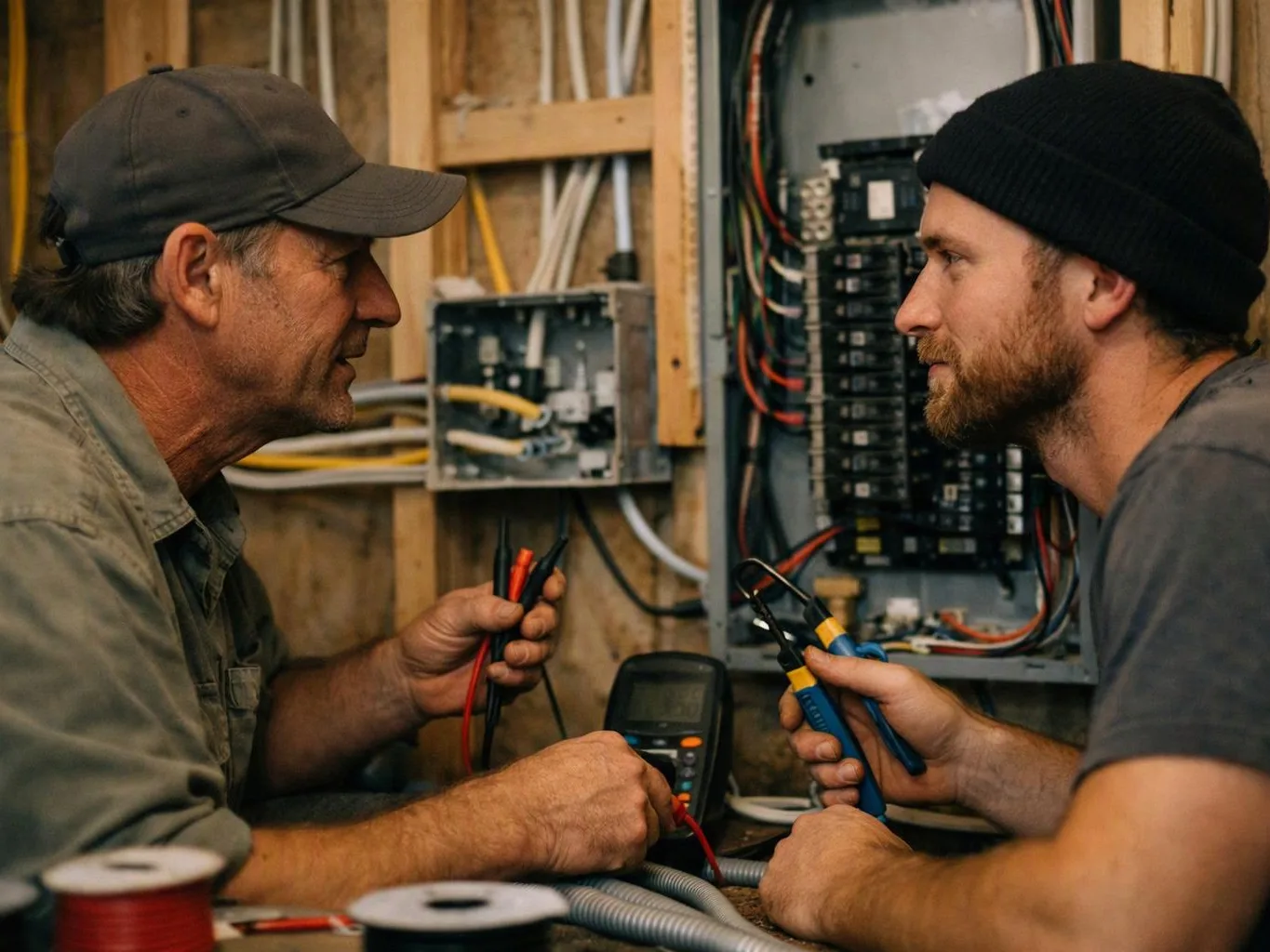Two electricians face each other in a wiring cabinet, holding test leads and pliers in a cramped work area