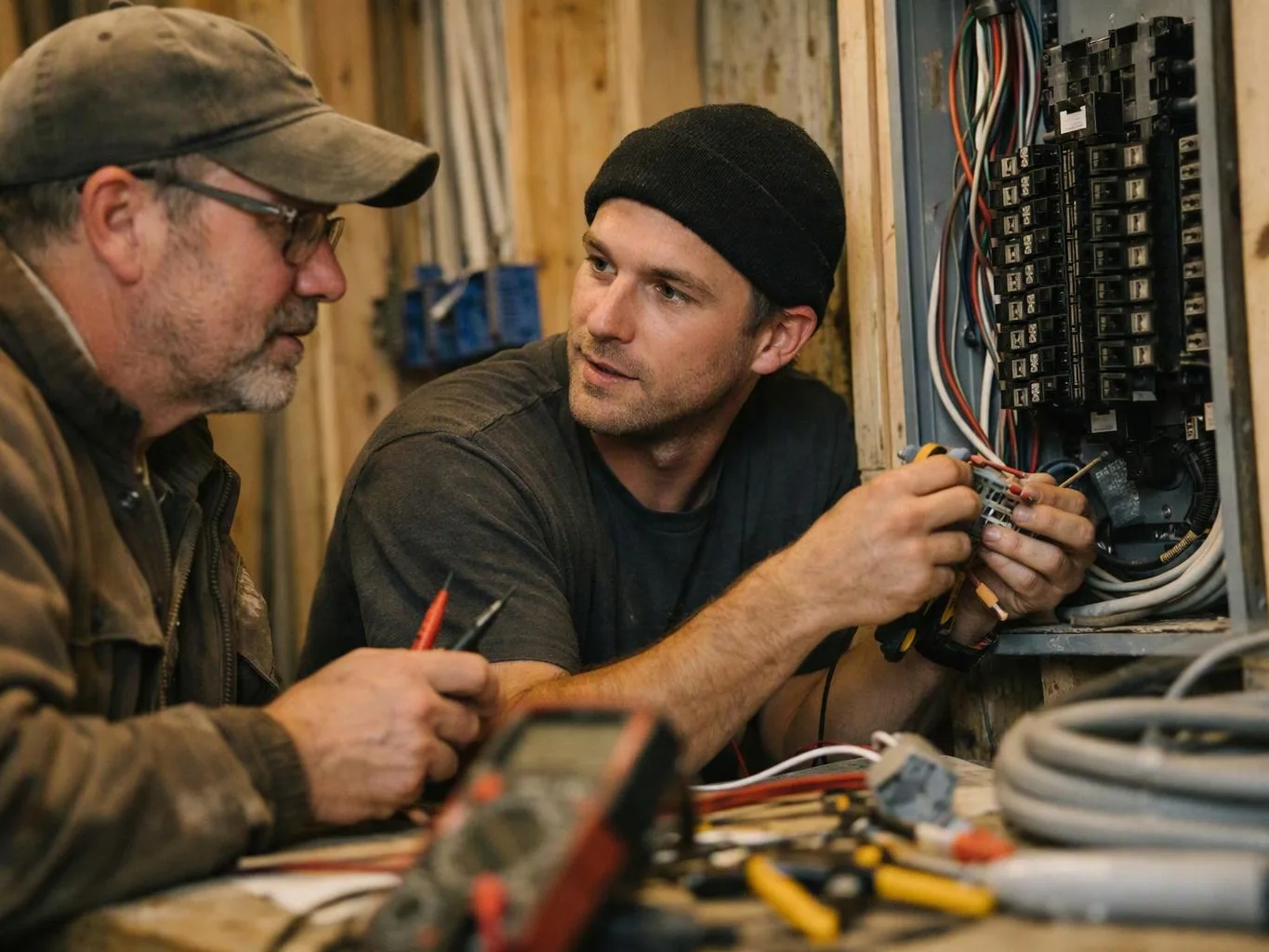 Two electricians work inside a wall cavity, wiring an electrical panel with tools and cables nearby
