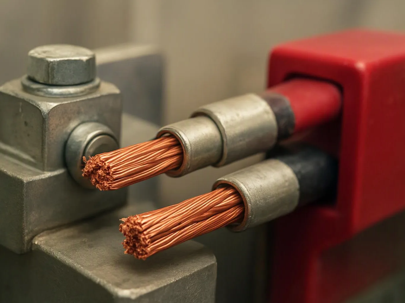 Two exposed copper cable ends face a metal block and a red connector in a close-up industrial setting