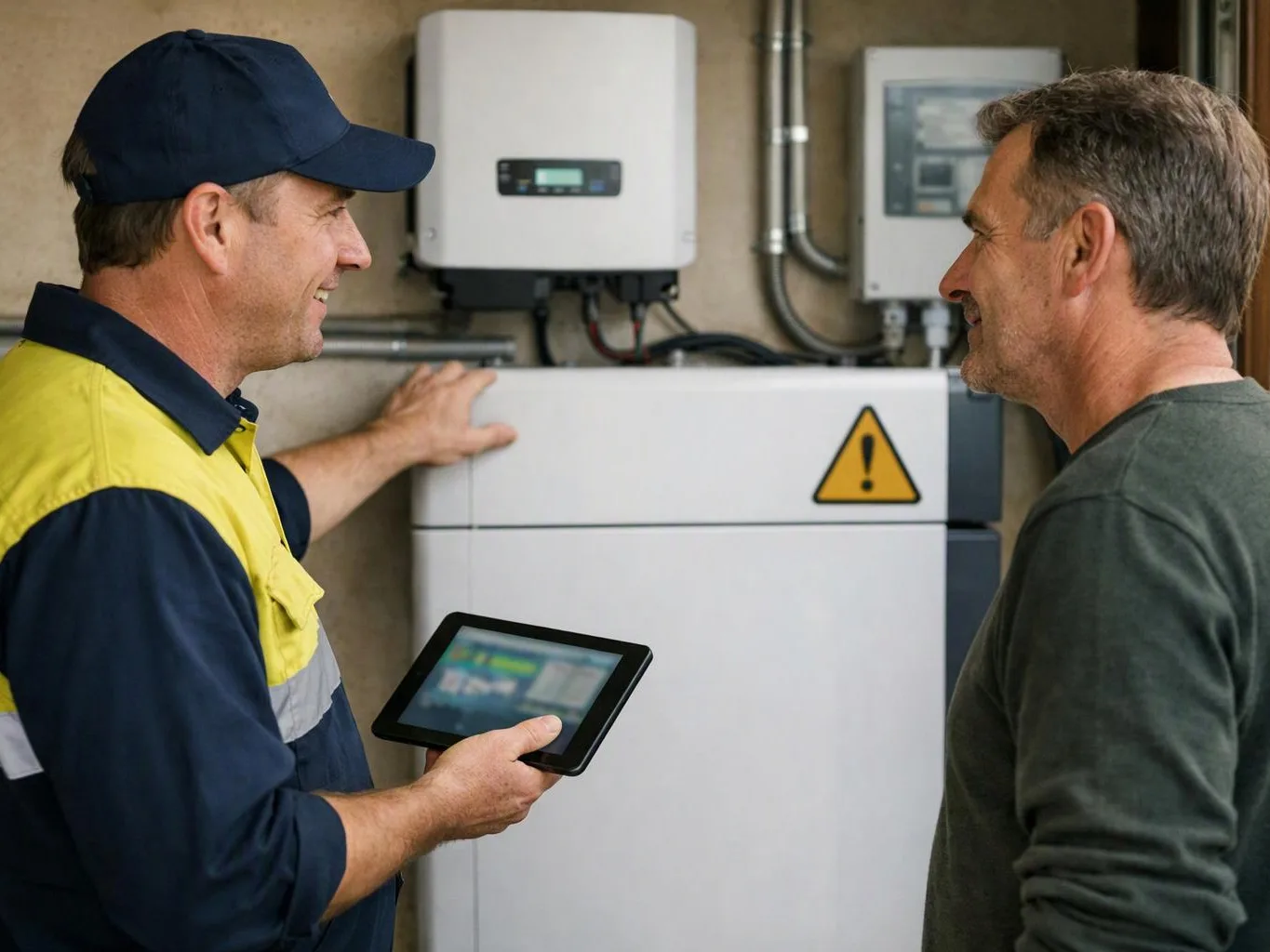 Two men stand by wall-mounted electrical equipment, one holding a tablet and pointing at a cabinet with a warning symbol
