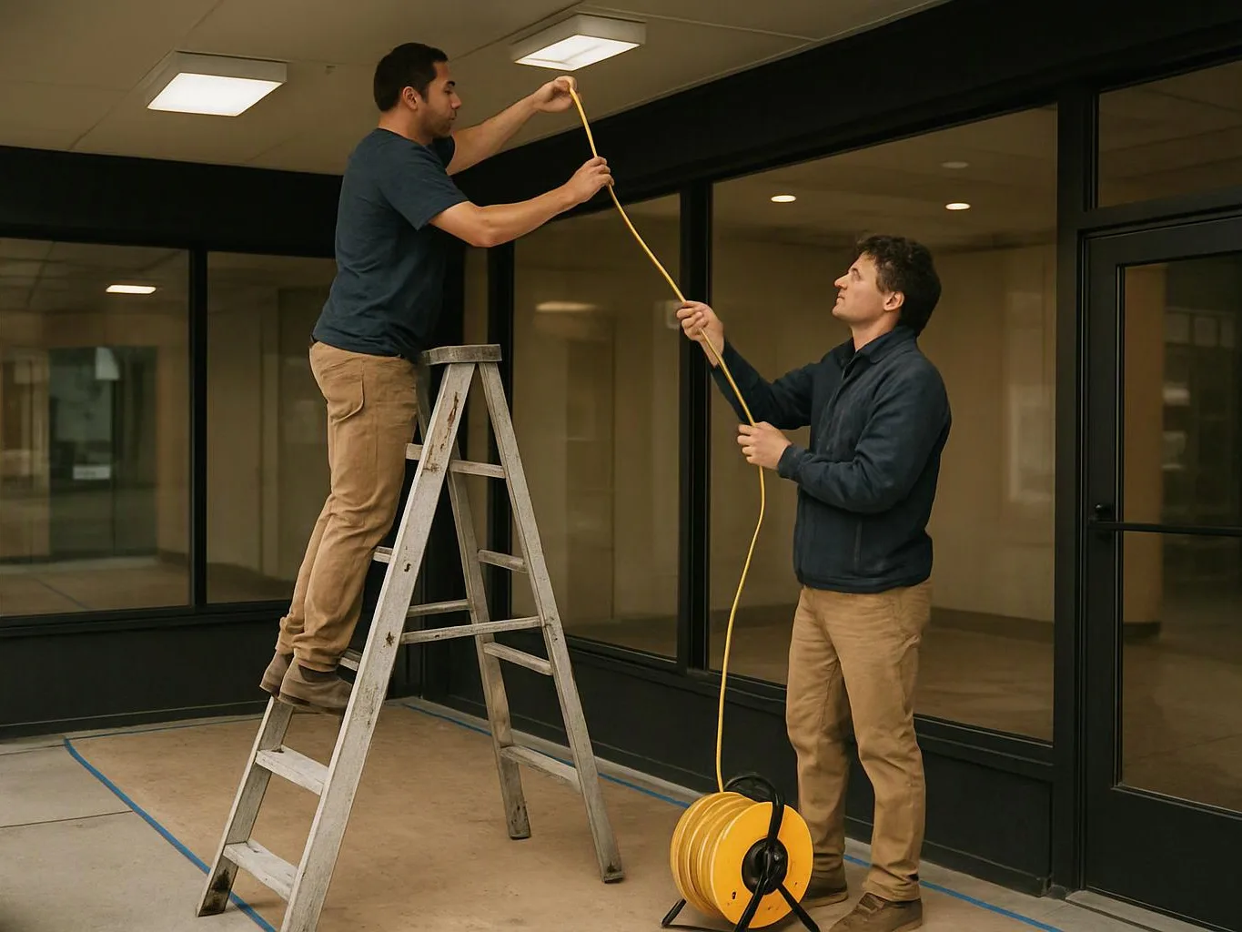 Two men stretch a yellow cable beside large glass windows, one standing on a ladder indoors