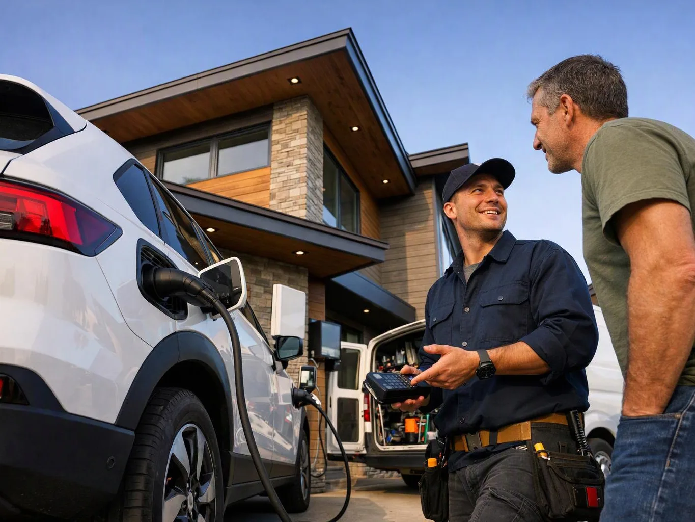 Two men talk beside a white electric car plugged into a charger in a driveway outside a modern house