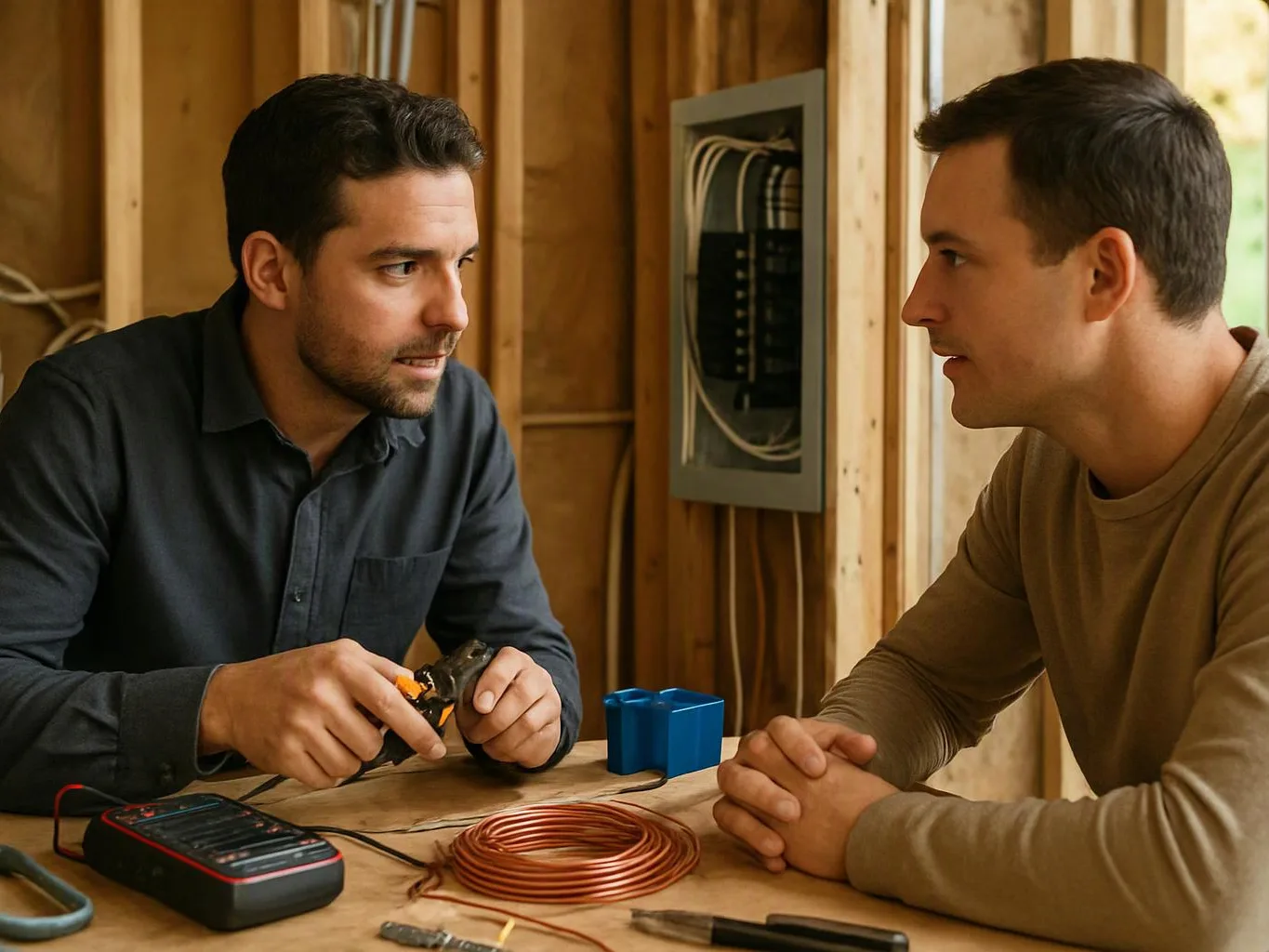 Two men talk over wiring tools at a wooden workbench inside a partially framed room