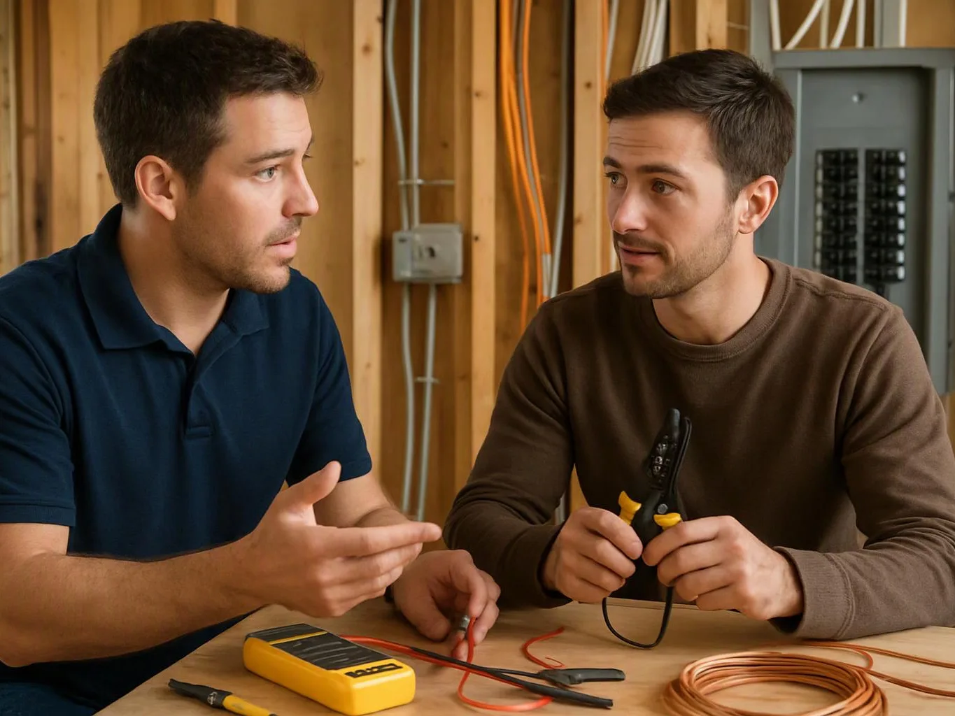 Two men talk at a worktable with wire cutters, a multimeter, and coiled cable in an unfinished room