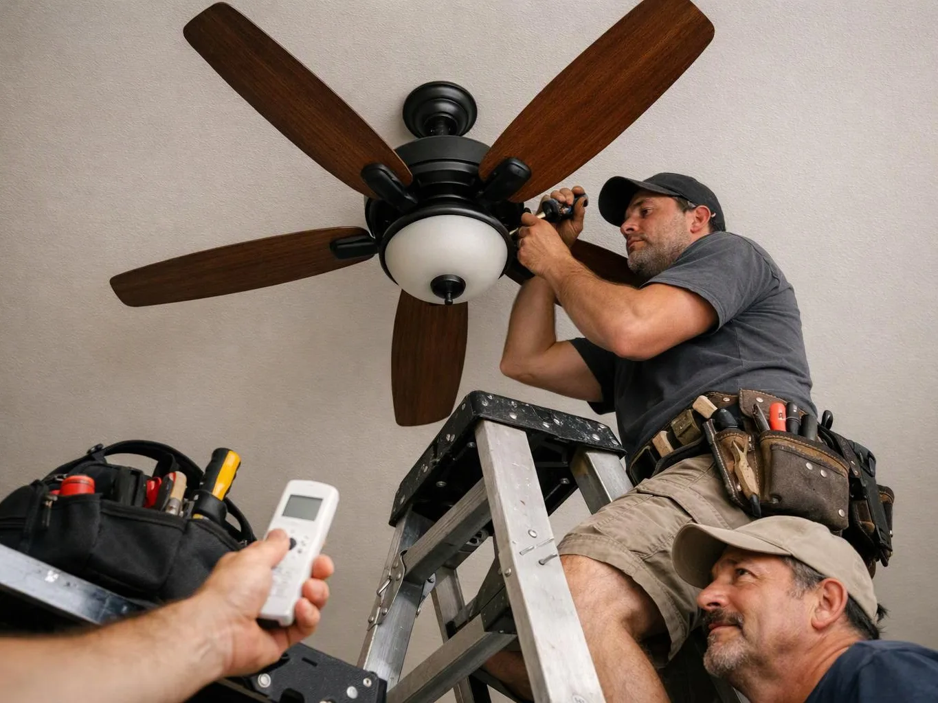 Two men work on a ceiling fan while one stands on a ladder and another watches below
