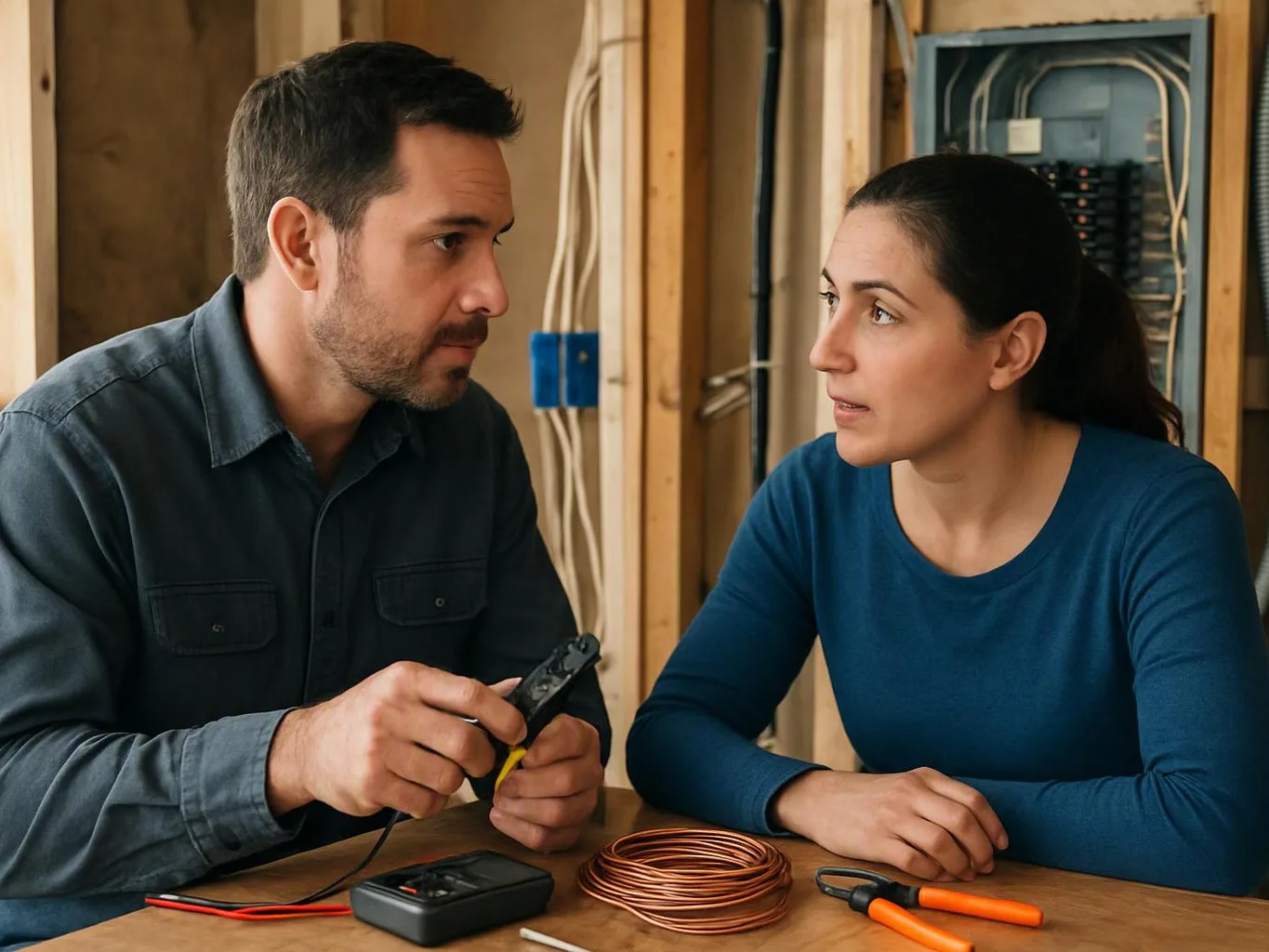 Two people discuss electrical wiring at a table, with tools and copper wire in a framed wall area